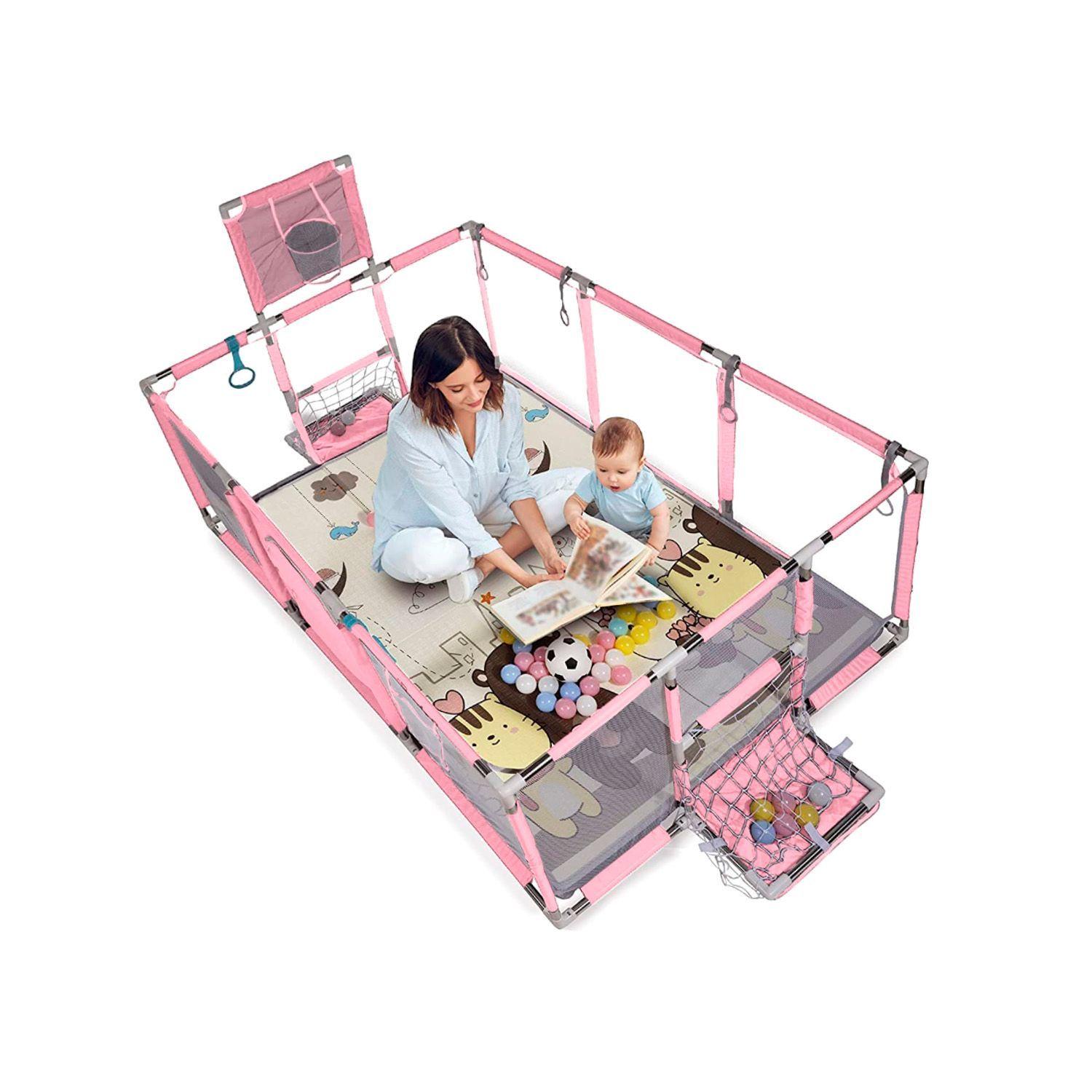 Corral de Seguridad Bebe 180cm Con Aro y Pelotitas Rosado-4