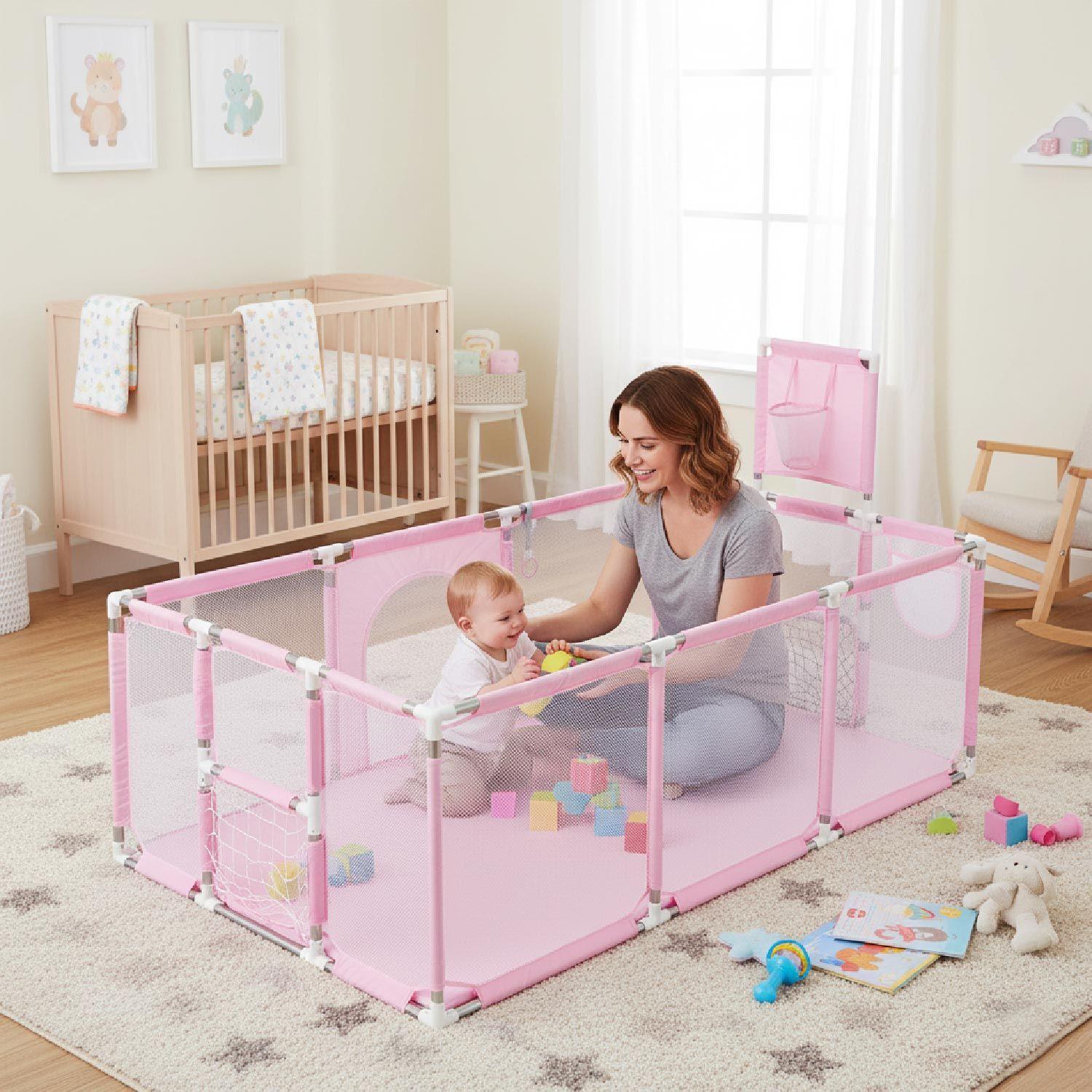 Corral de Seguridad Bebe 180cm Con Aro y Pelotitas Rosado-4