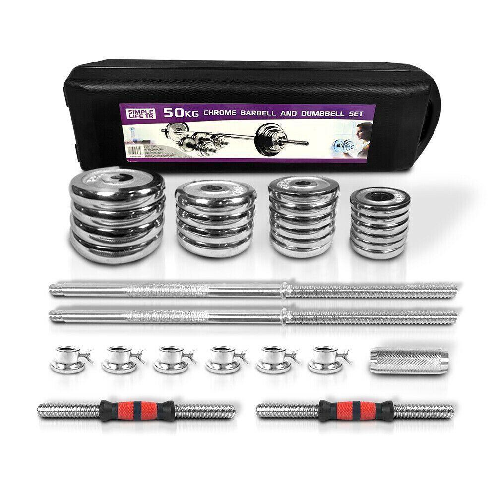 Juego Mancuernas 50 kg  Discos Cromados Barra y Maletin-4