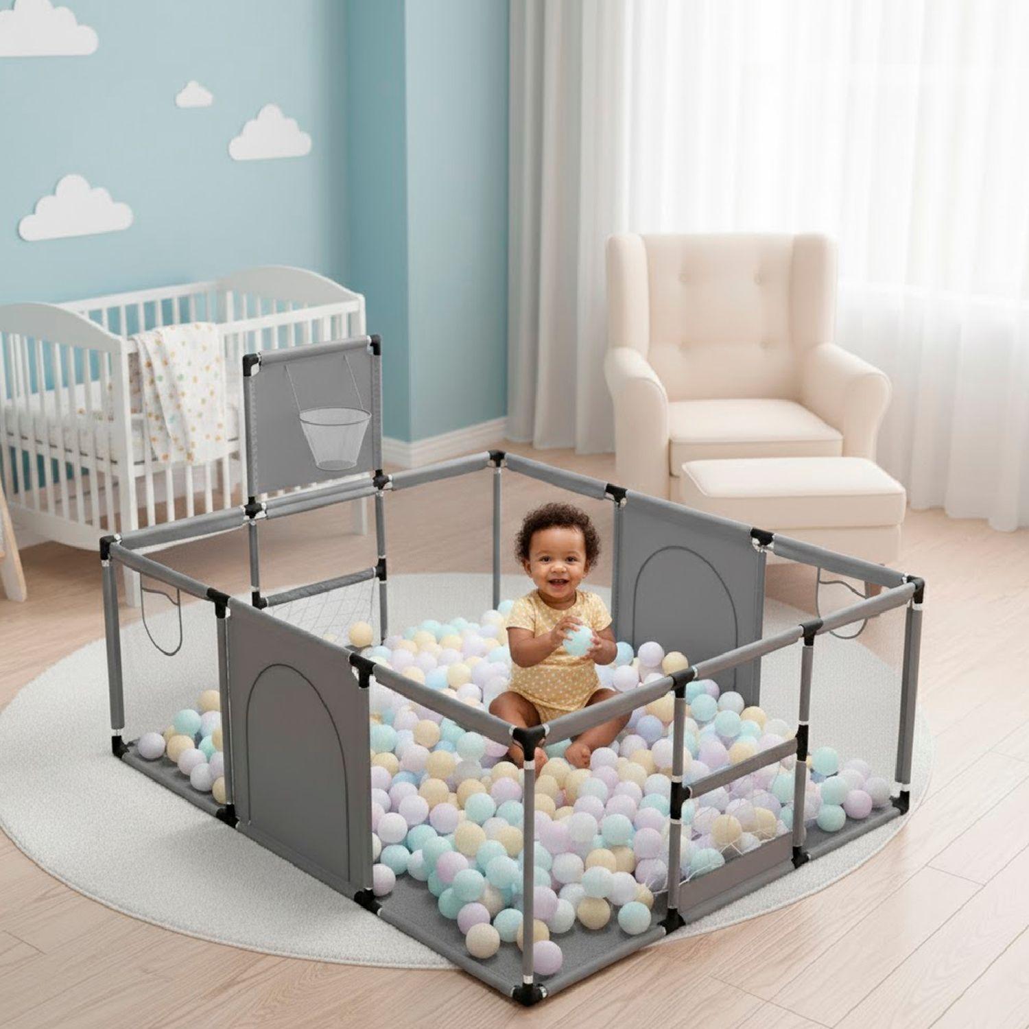 Corral de Seguridad Bebe 180cm Con Aro y Pelotitas Gris-4
