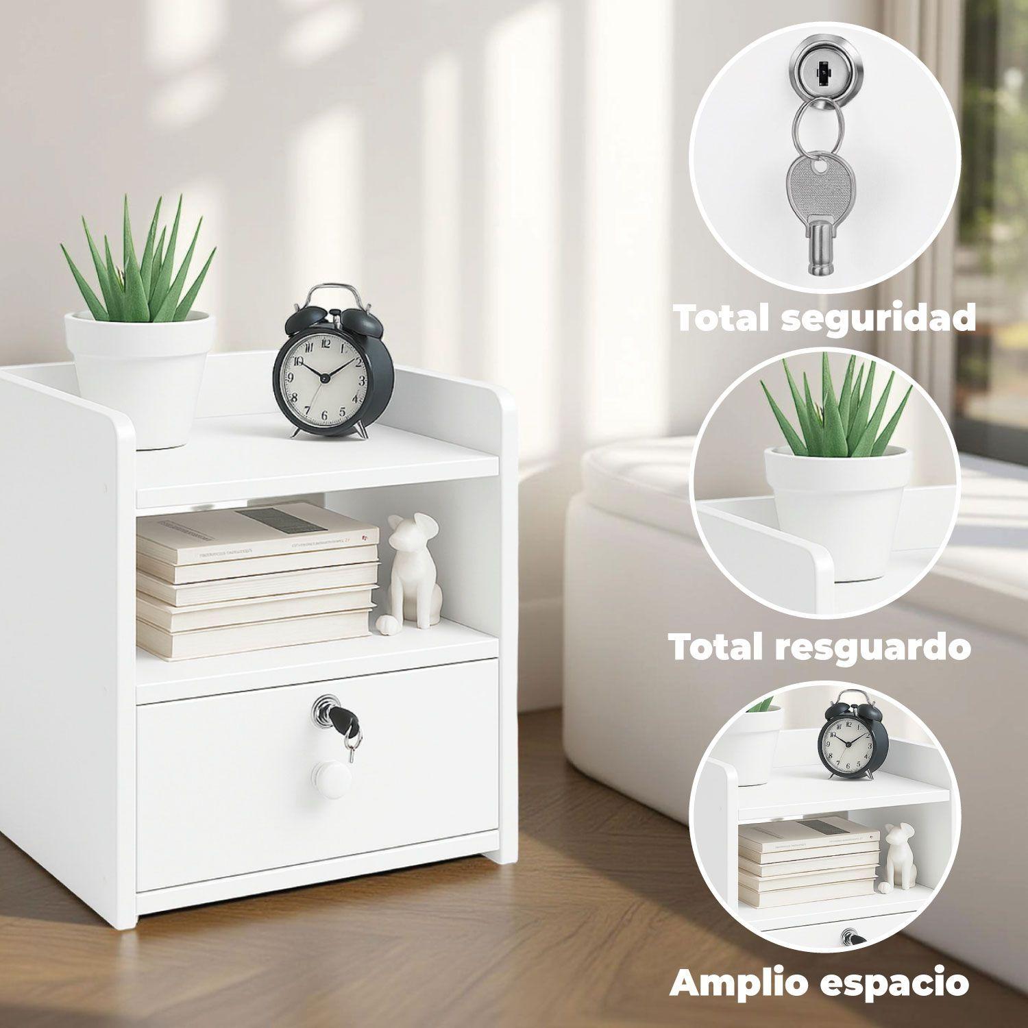 Velador Moderno 2 Niveles 1 Cajon con Llave 40x33x26 Cm-3