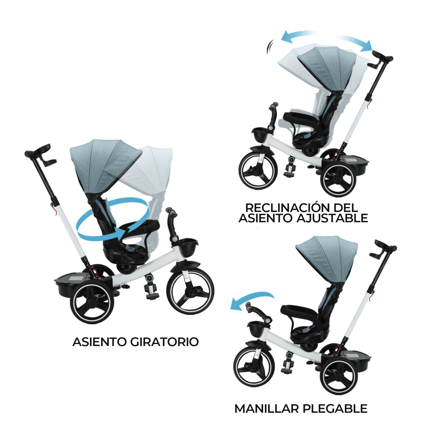 Triciclo 4 en 1 Plegable Reclinable 360° Azul petróleo-4