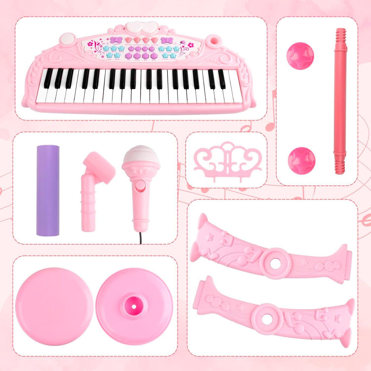 Teclado de Piano Infantil con Micrófono y Taburete Rosado-6