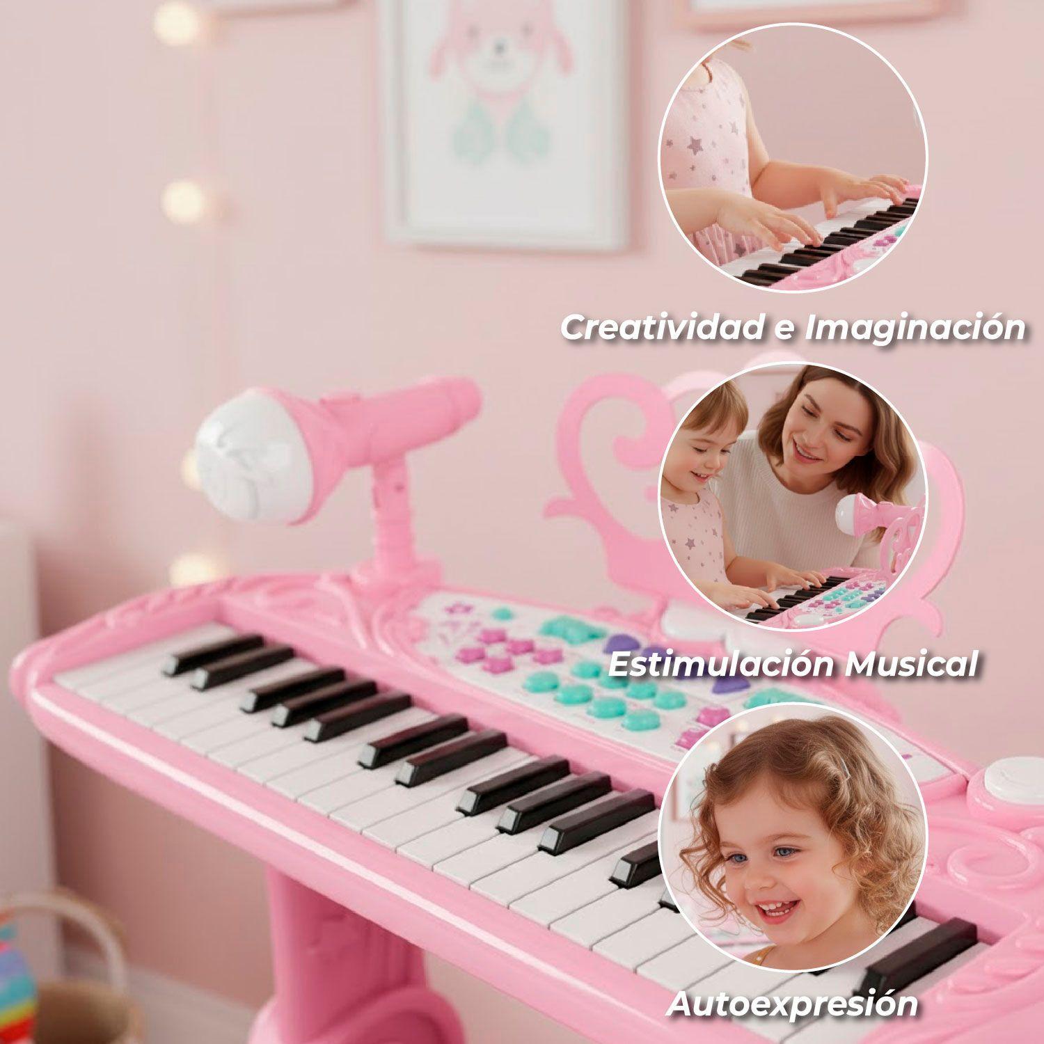 Teclado de Piano Infantil con Micrófono y Taburete Rosado-2