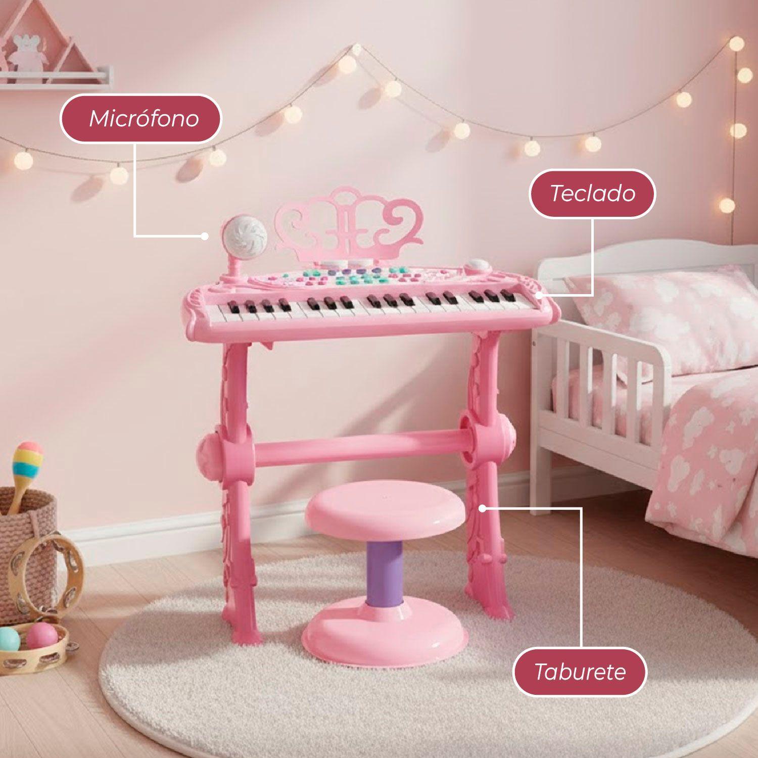 Teclado de Piano Infantil con Micrófono y Taburete Rosado-4