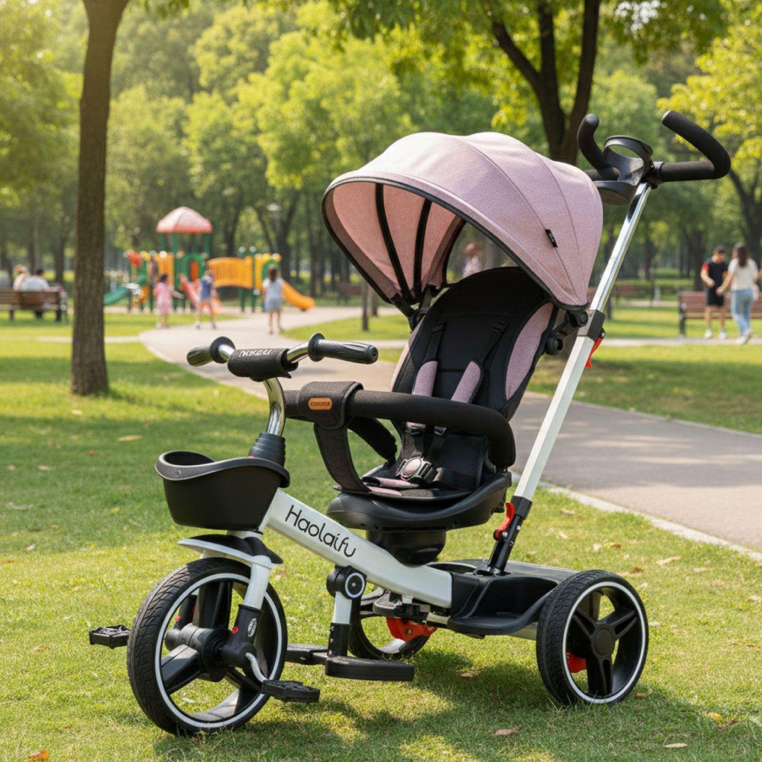 Triciclo coche  4 en 1 Plegable Reclinable 360° Rosado-1