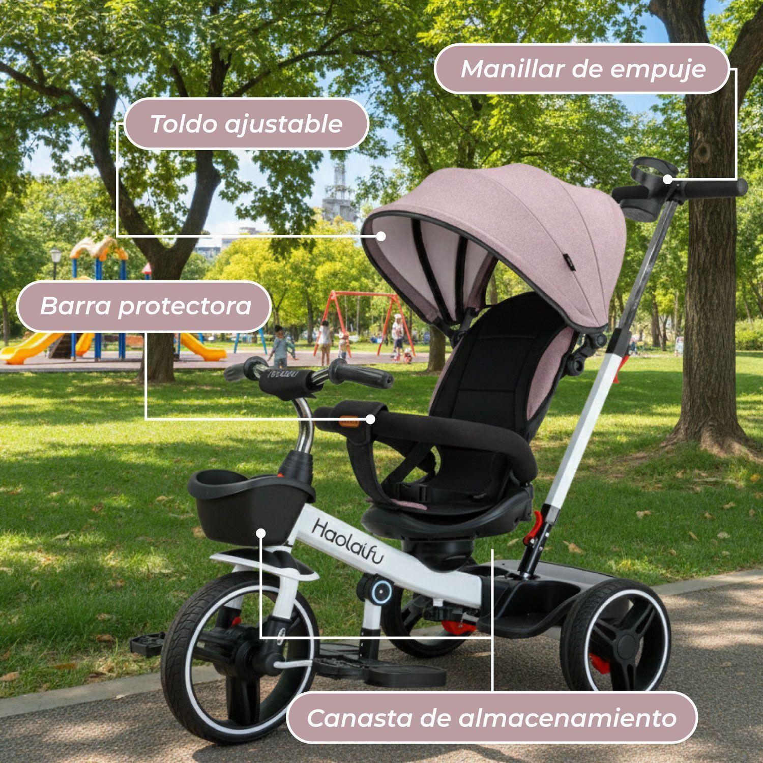 Triciclo coche  4 en 1 Plegable Reclinable 360° Rosado-5