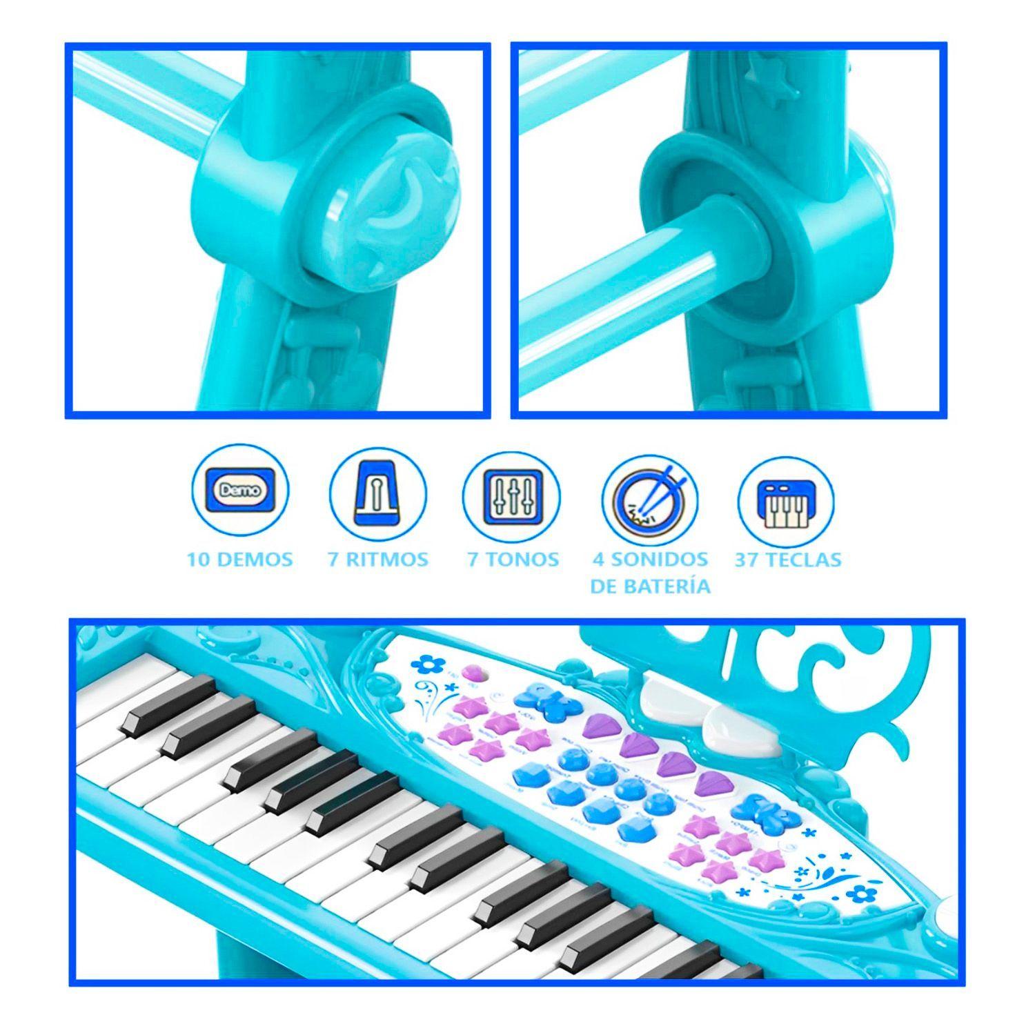 Teclado de Piano Infantil con Micrófono y Taburete Celeste-5