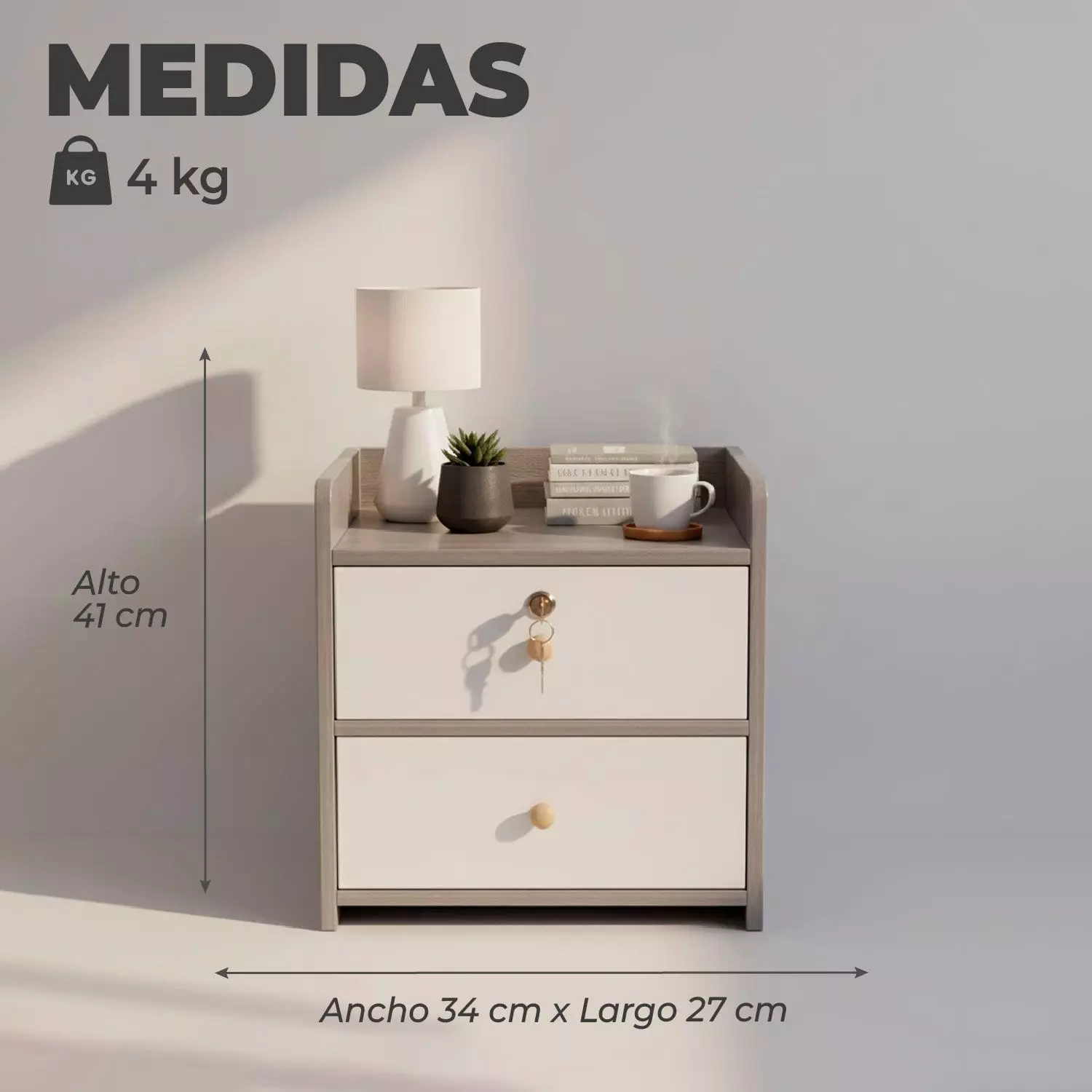   Velador Grey 2 Cajon Con 1 Llave 41x34x26 Cm-2