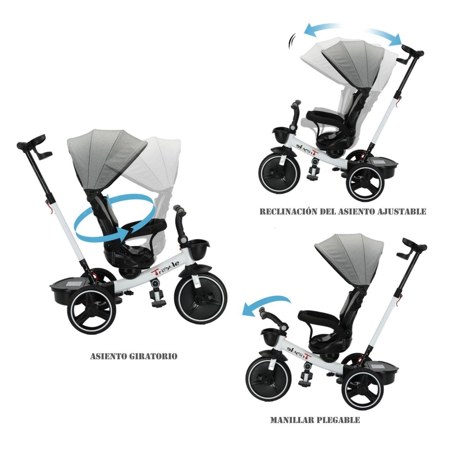 Triciclo Coche 4 En 1 Plegable Reclinable 360° Blanco-3