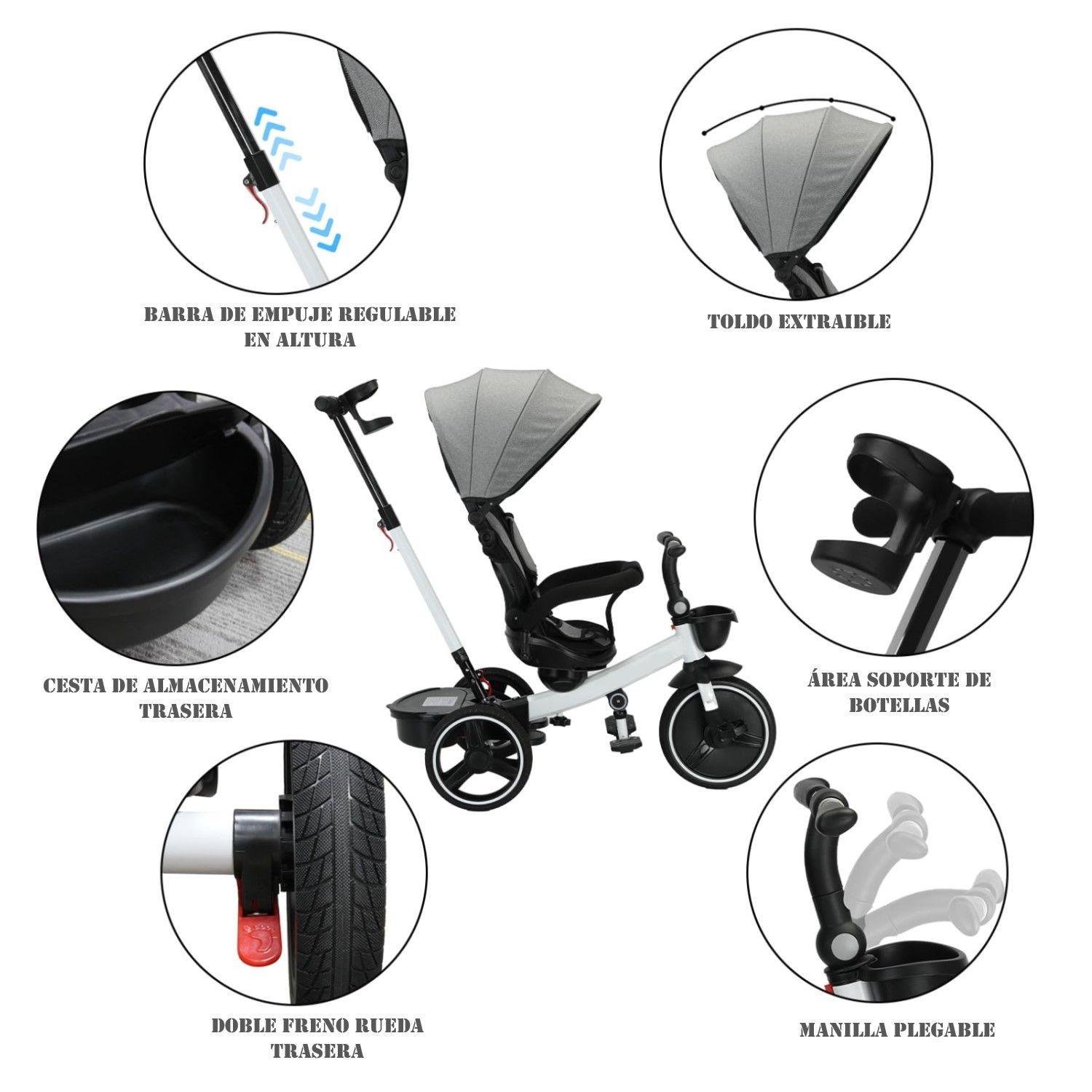 Triciclo Coche 4 En 1 Plegable Reclinable 360° Blanco-4