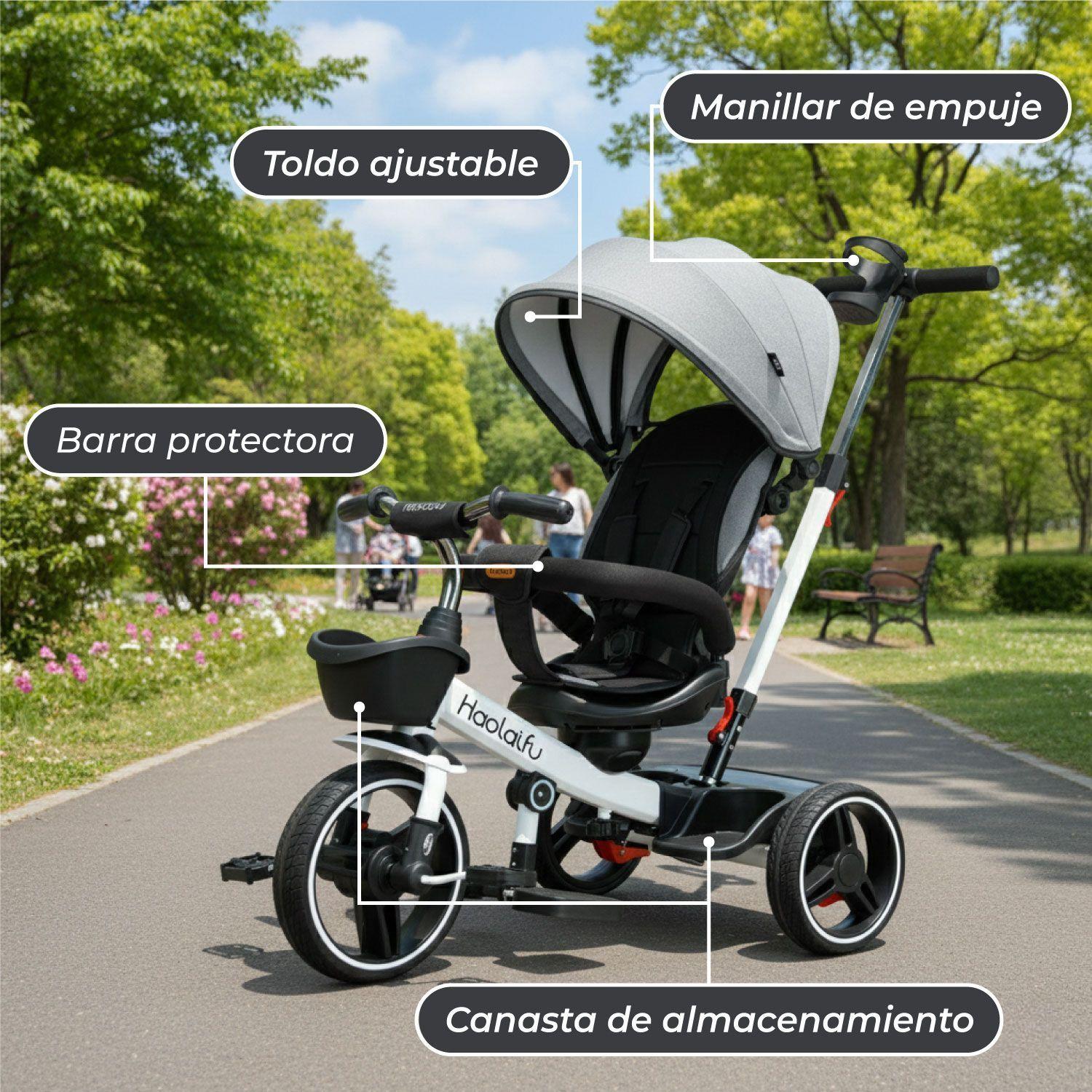 Triciclo Coche 4 En 1 Plegable Reclinable 360° Blanco-5
