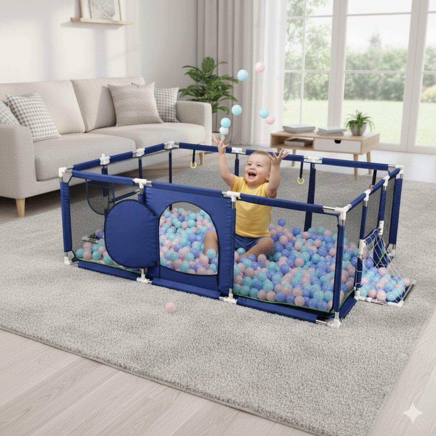 Corral de Seguridad Bebe 180cm Con Aro y Pelotitas Azul-4