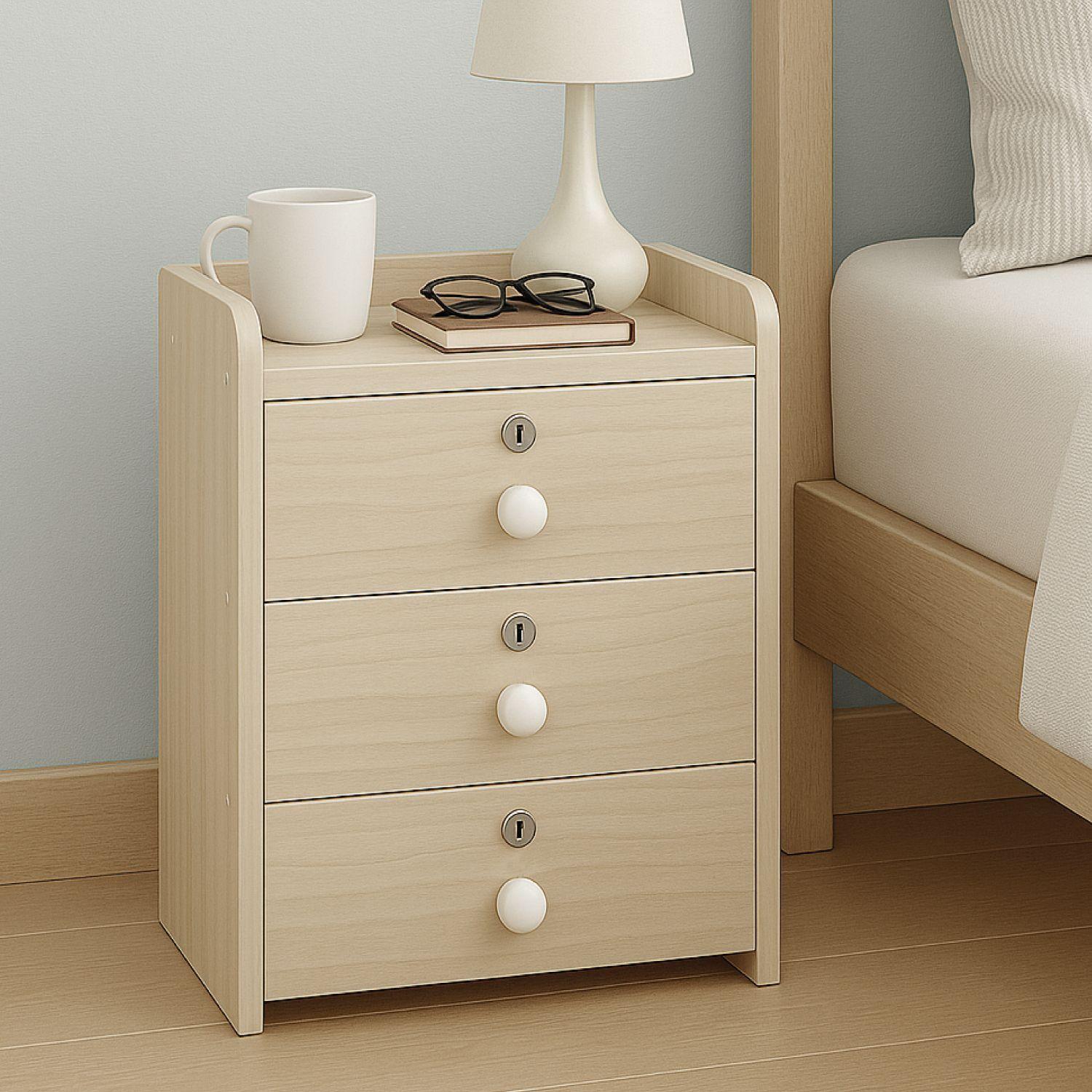 Velador Cajonera Mesa de Noche Con 3 Llaves Beige 48x33x31Cm-1