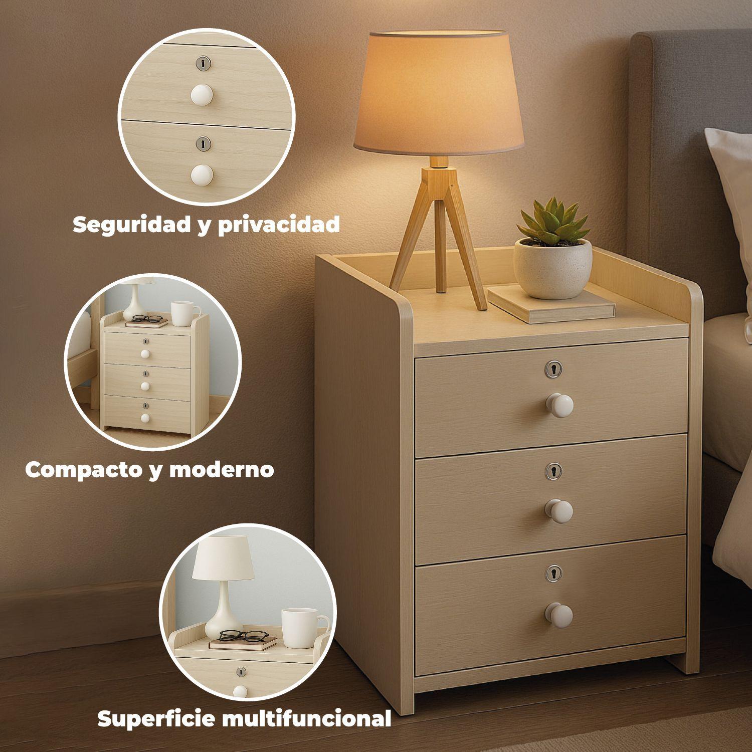 Velador Cajonera Mesa de Noche Con 3 Llaves Beige 48x33x31Cm-3