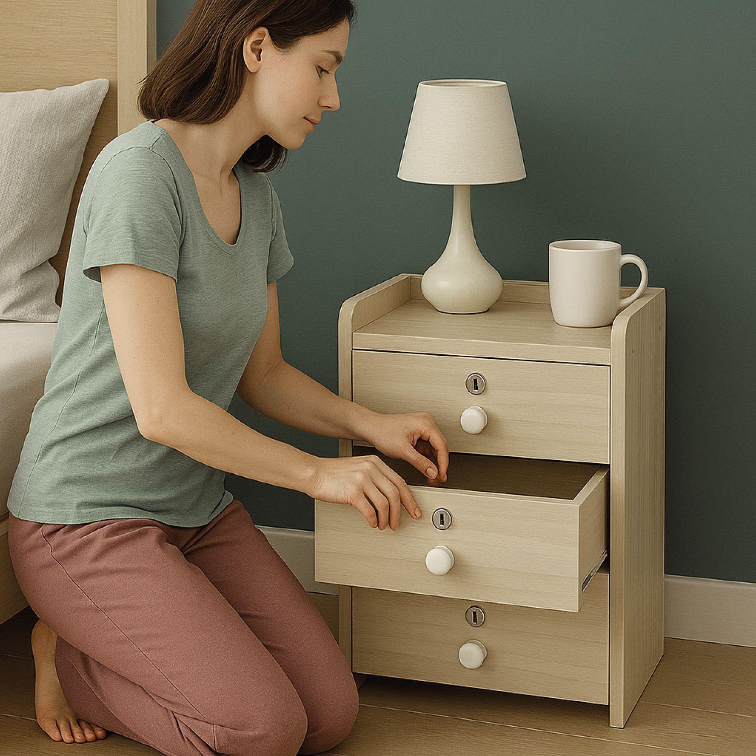 Velador Cajonera Mesa de Noche Con 3 Llaves Beige 48x33x31Cm-4