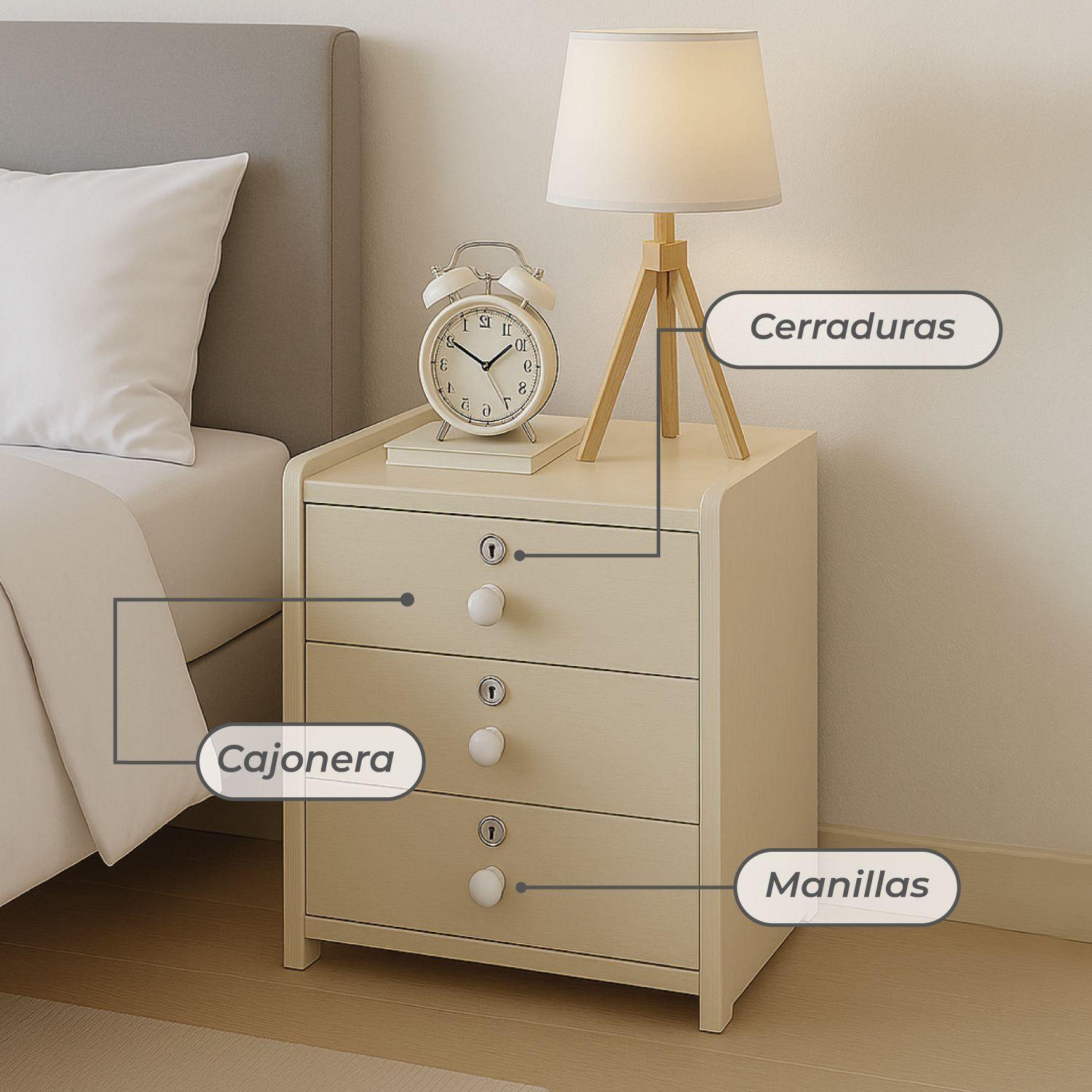Velador Cajonera Mesa de Noche Con 3 Llaves Beige 48x33x31Cm-5
