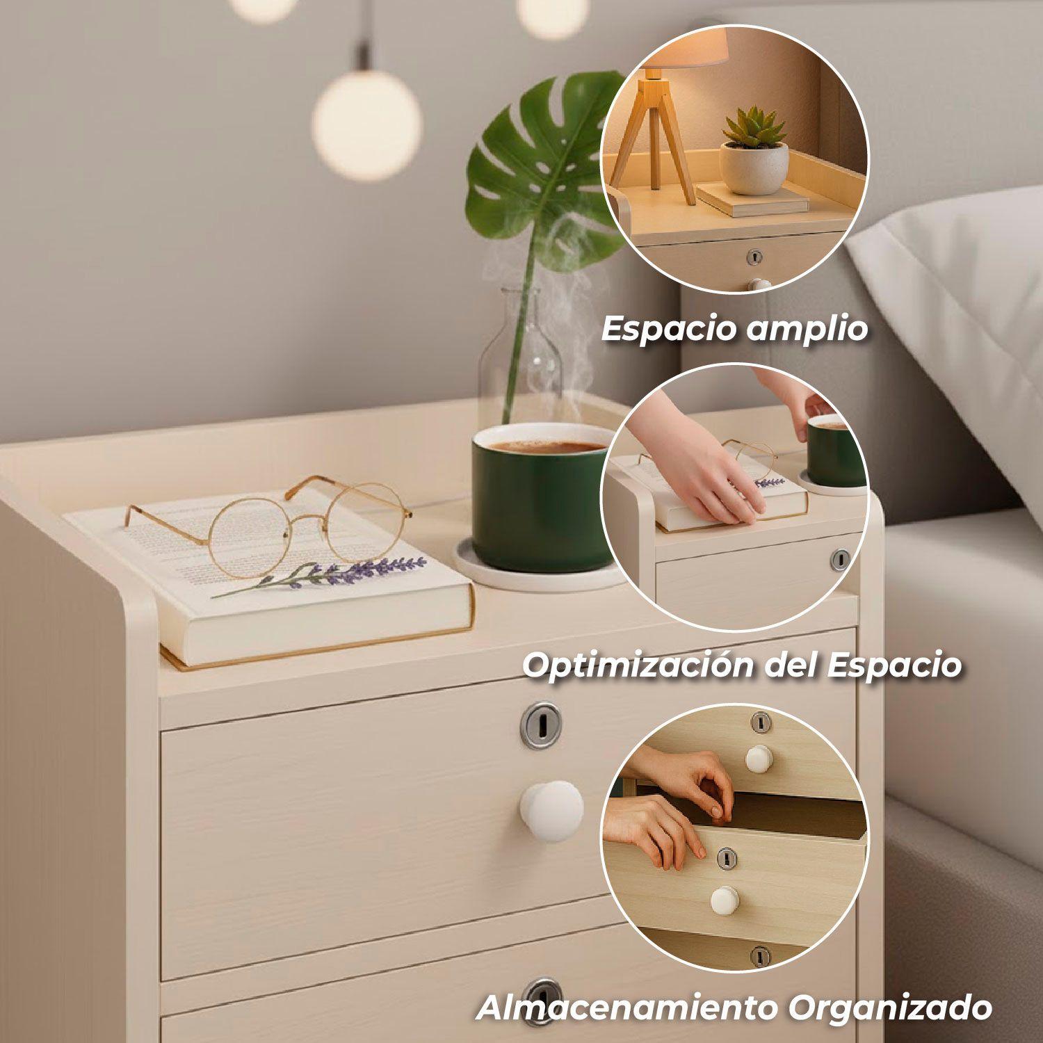 Velador Cajonera Mesa de Noche Con 3 Llaves Beige 48x33x31Cm-3