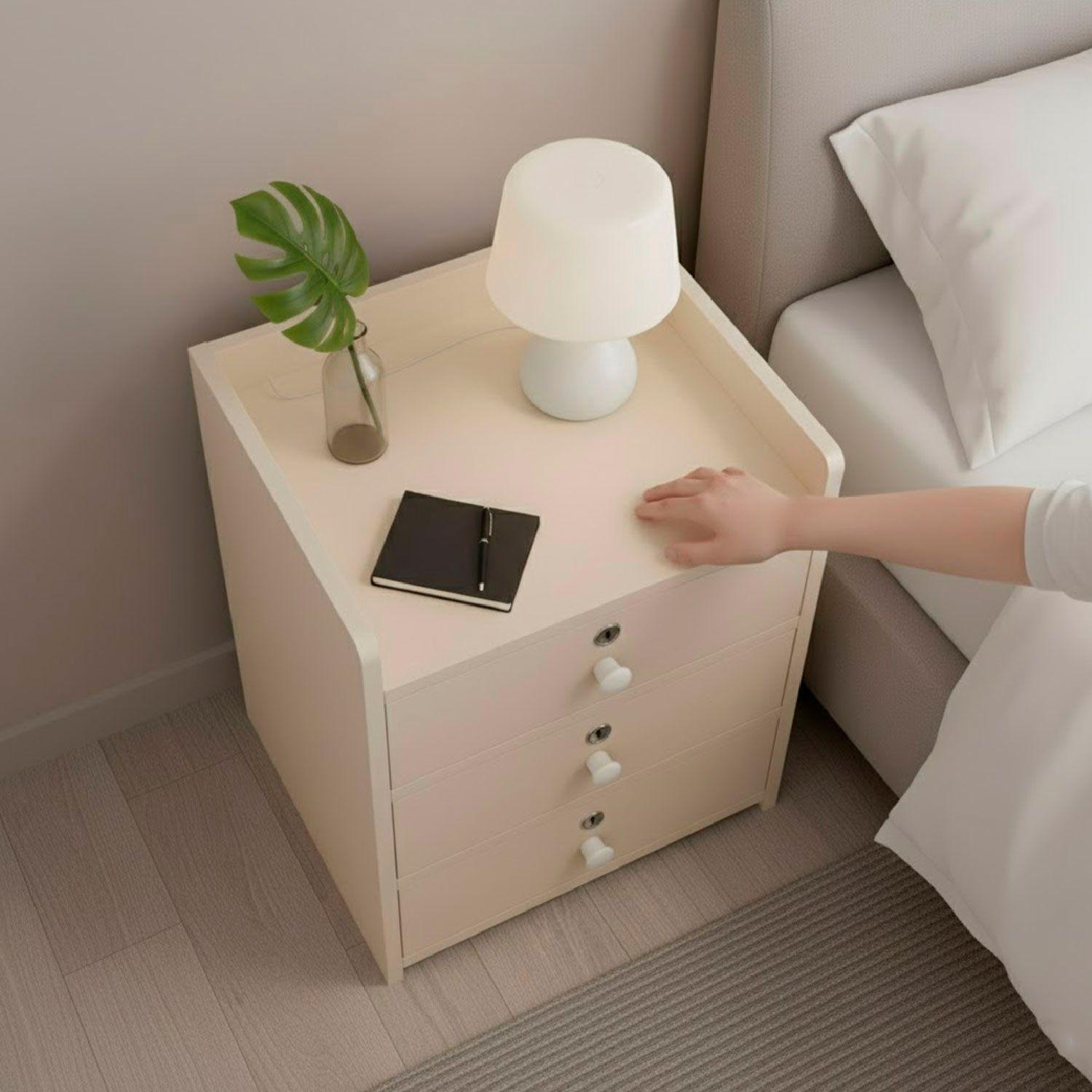 Velador Cajonera Mesa de Noche Con 3 Llaves Beige 48x33x31Cm-4