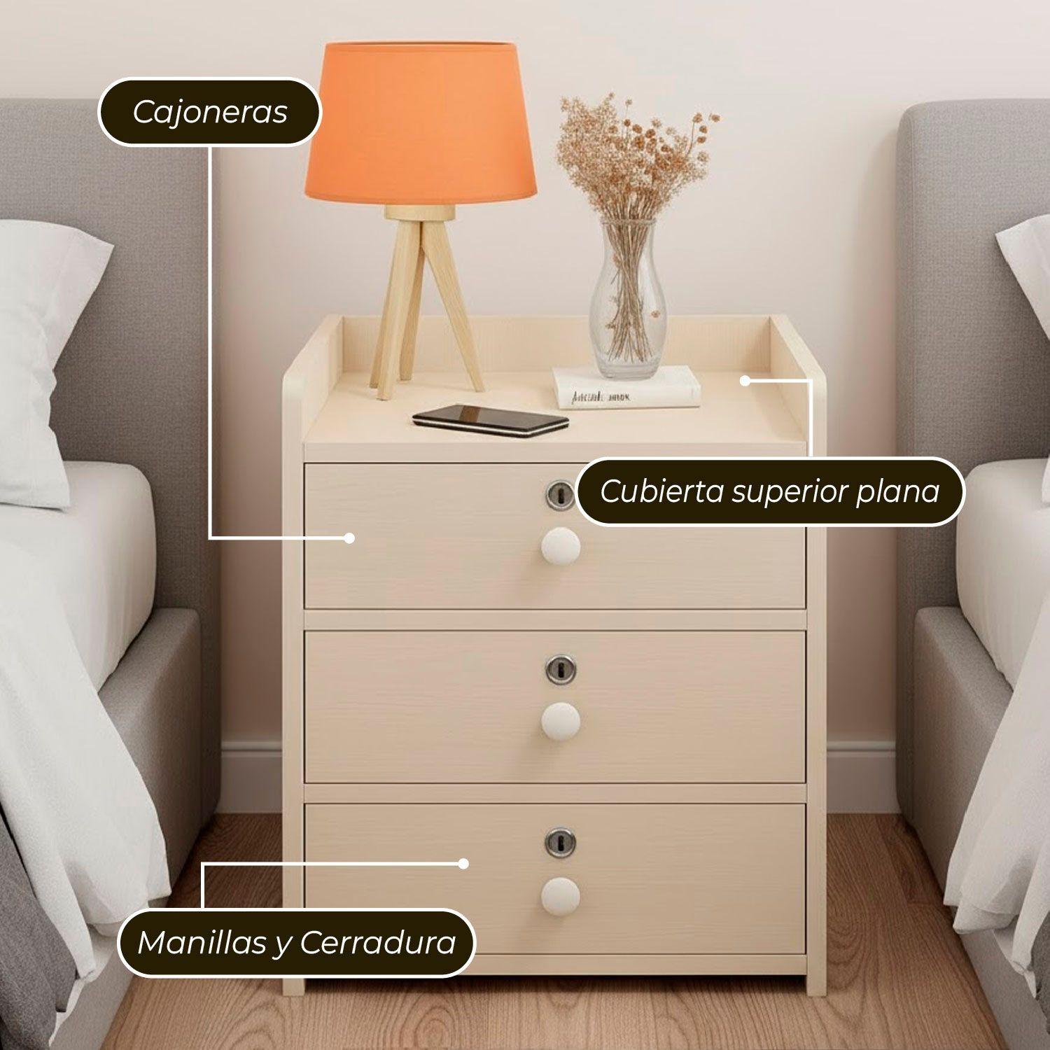 Velador Cajonera Mesa de Noche Con 3 Llaves Beige 48x33x31Cm-5