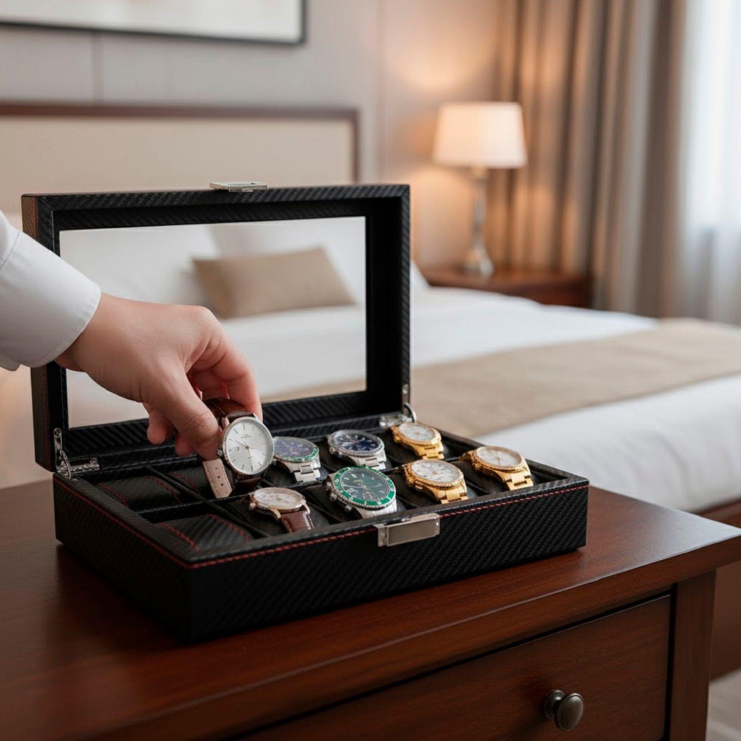 Caja Estuche Organizador de 12 Relojes Bordado Elegante-3