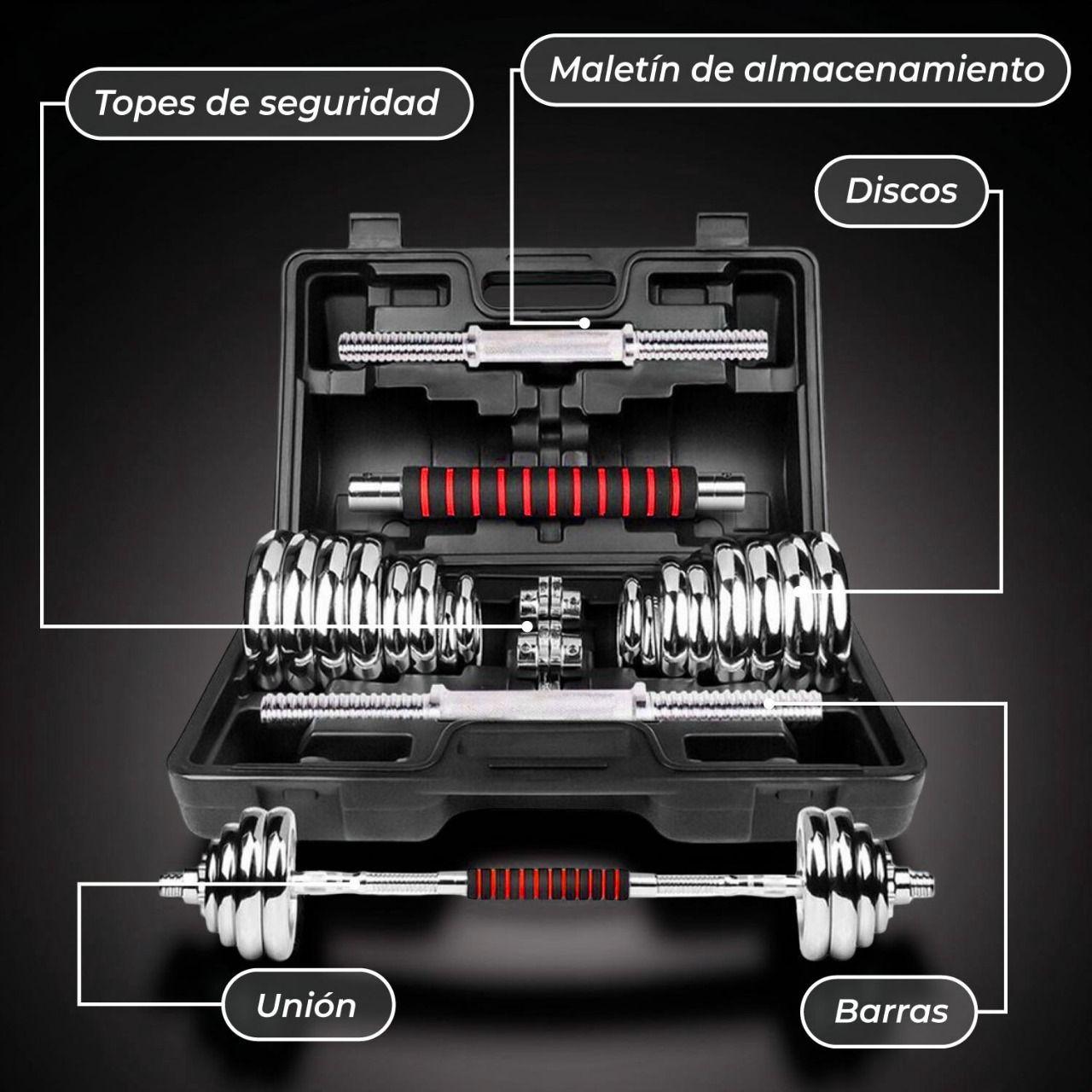 Juego de Mancuernas 30 Kg Acero Cromadas + Barra y Maletin-3