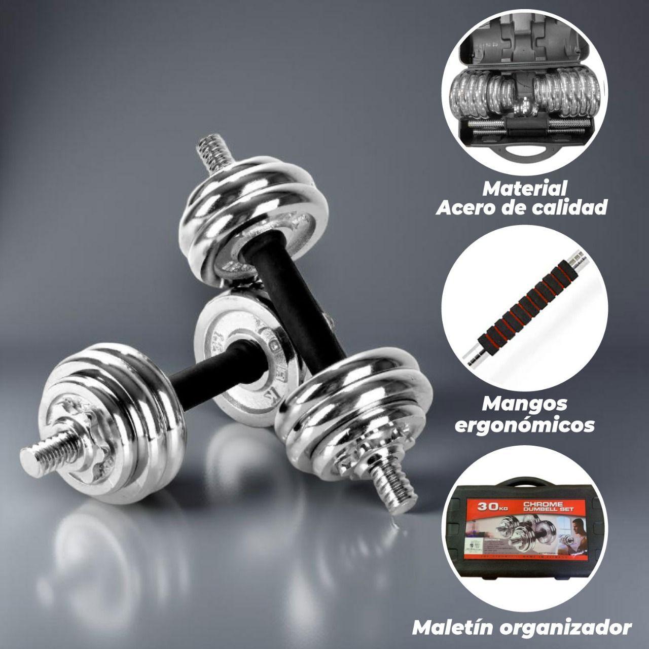 Juego de Mancuernas 30 Kg Acero Cromadas + Barra y Maletin-5