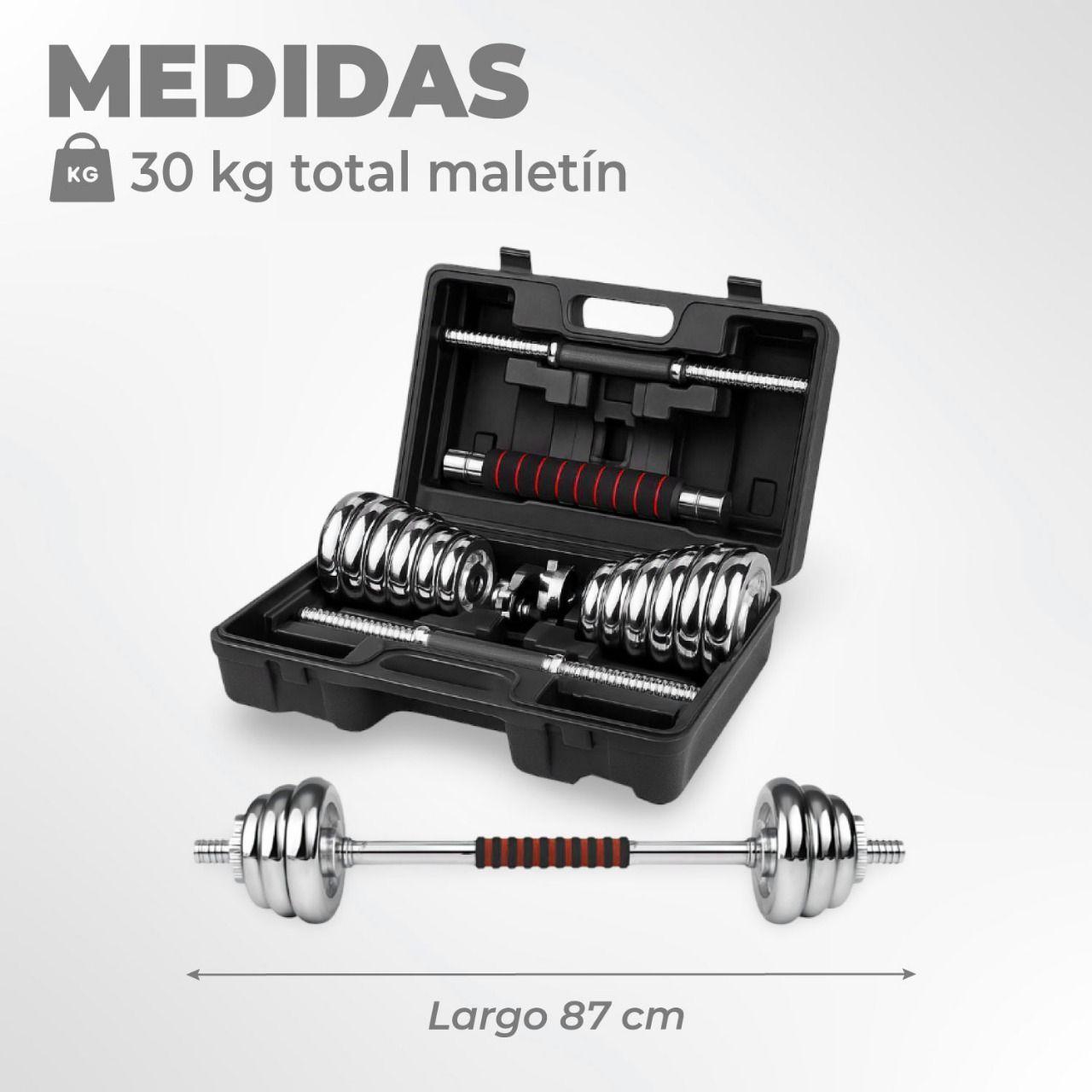 Juego de Mancuernas 30 Kg Acero Cromadas + Barra y Maletin-4