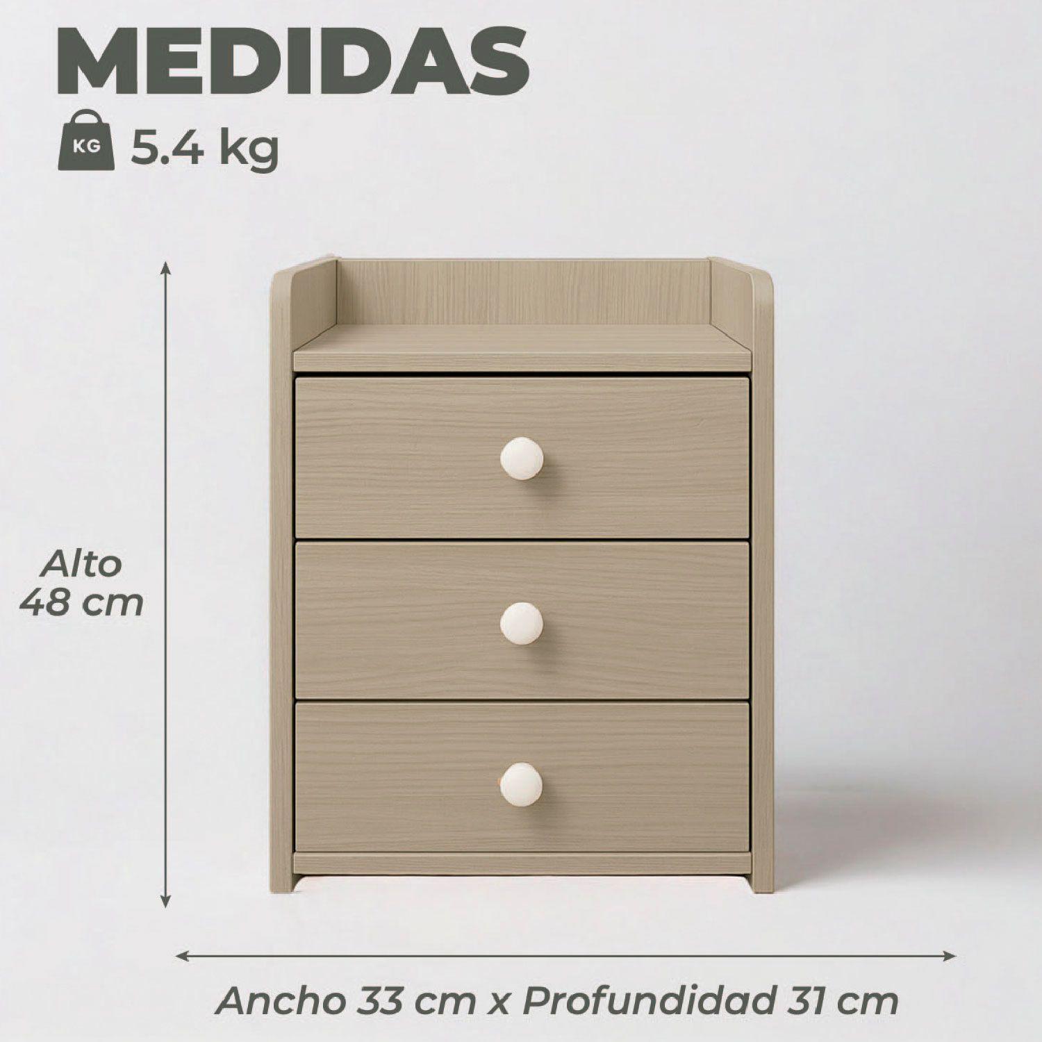 Velador Cajonera Mesa De Noche 3 Niveles Beige 48x33x31 Cm-2