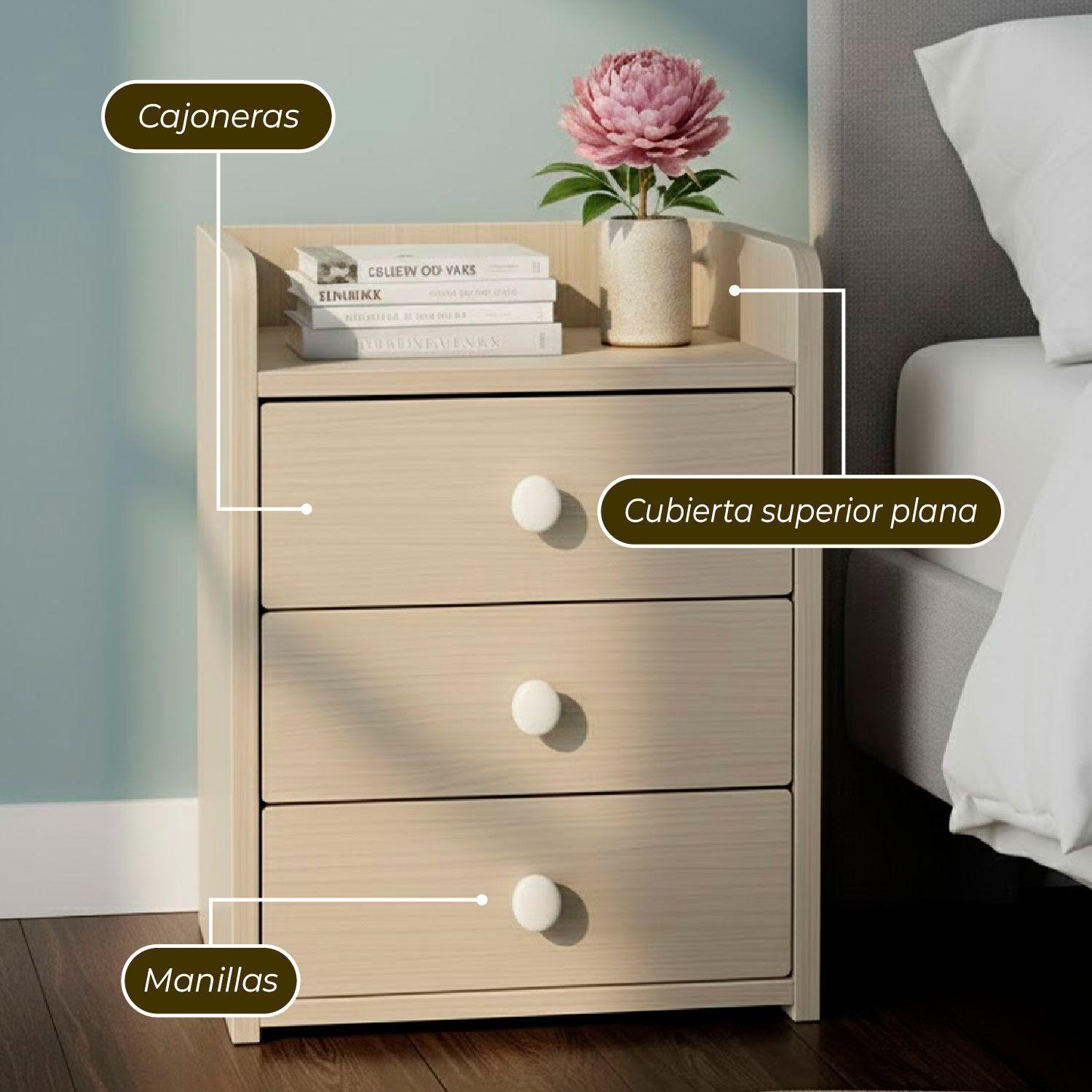 Velador Cajonera Mesa De Noche 3 Niveles Beige 48x33x31 Cm-5