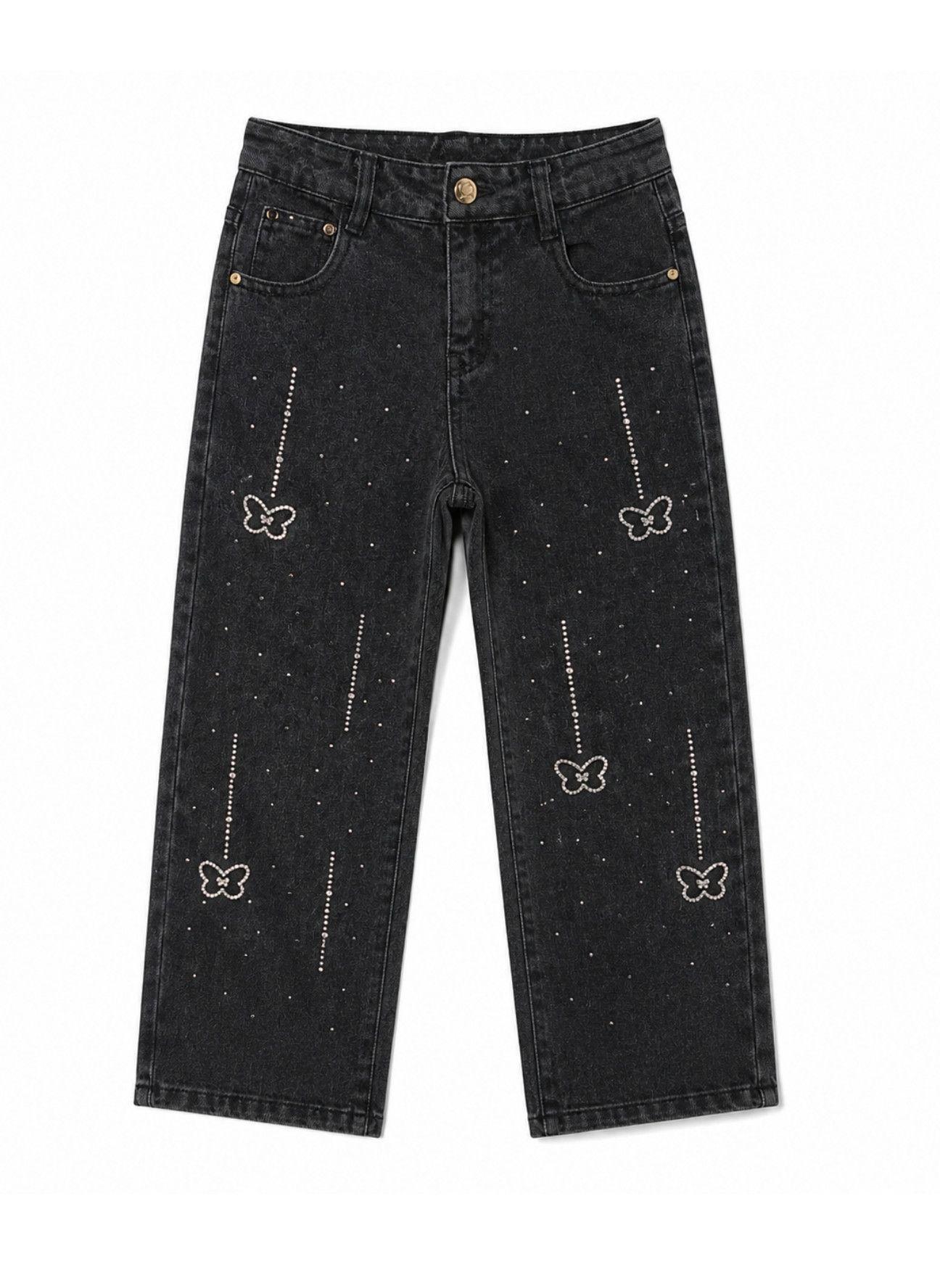 Jeans Wide Leg Con Brillos Mariposas Strass Tiro Alto-1