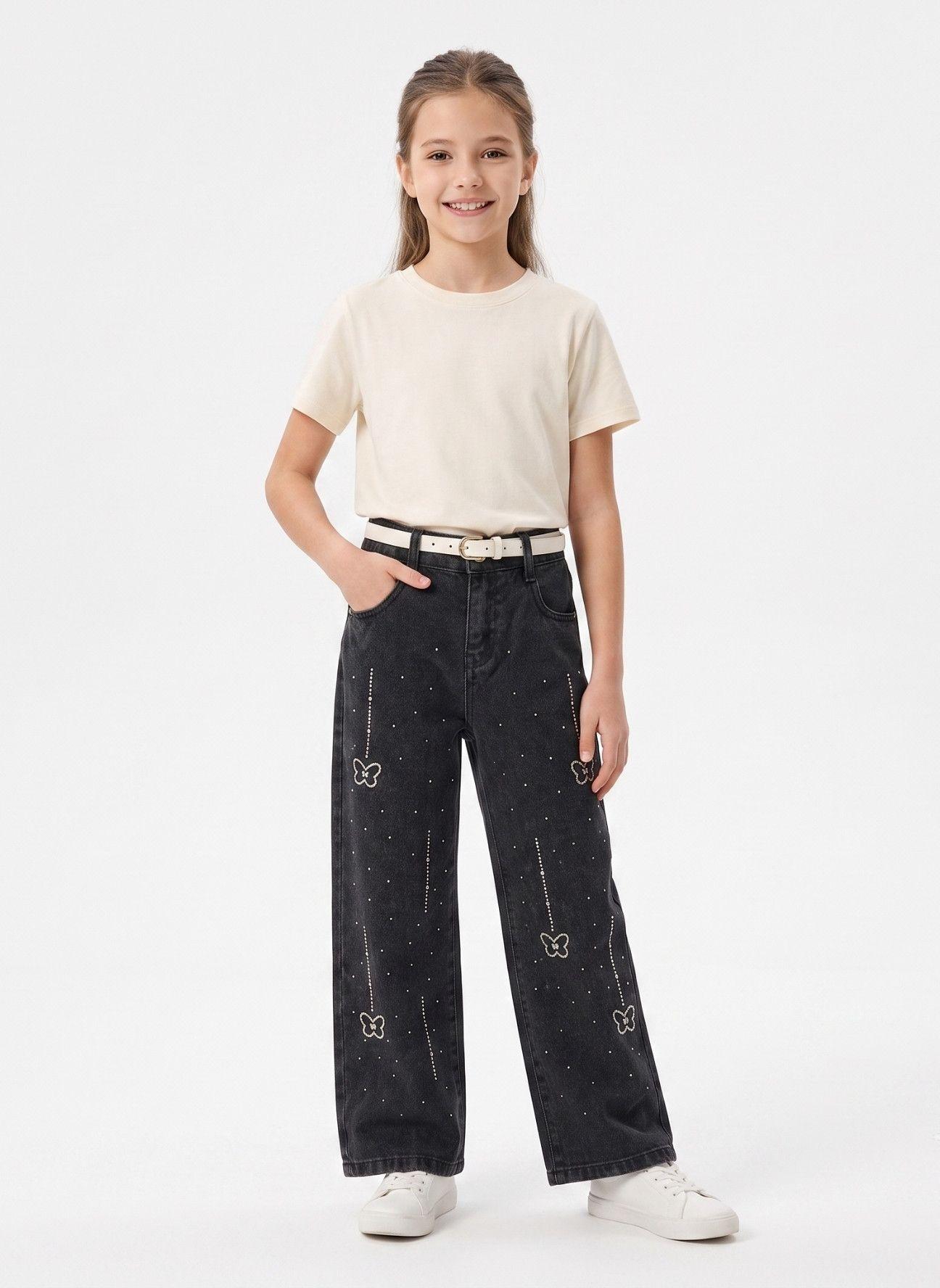 Jeans Wide Leg Con Brillos Mariposas Strass Tiro Alto-3