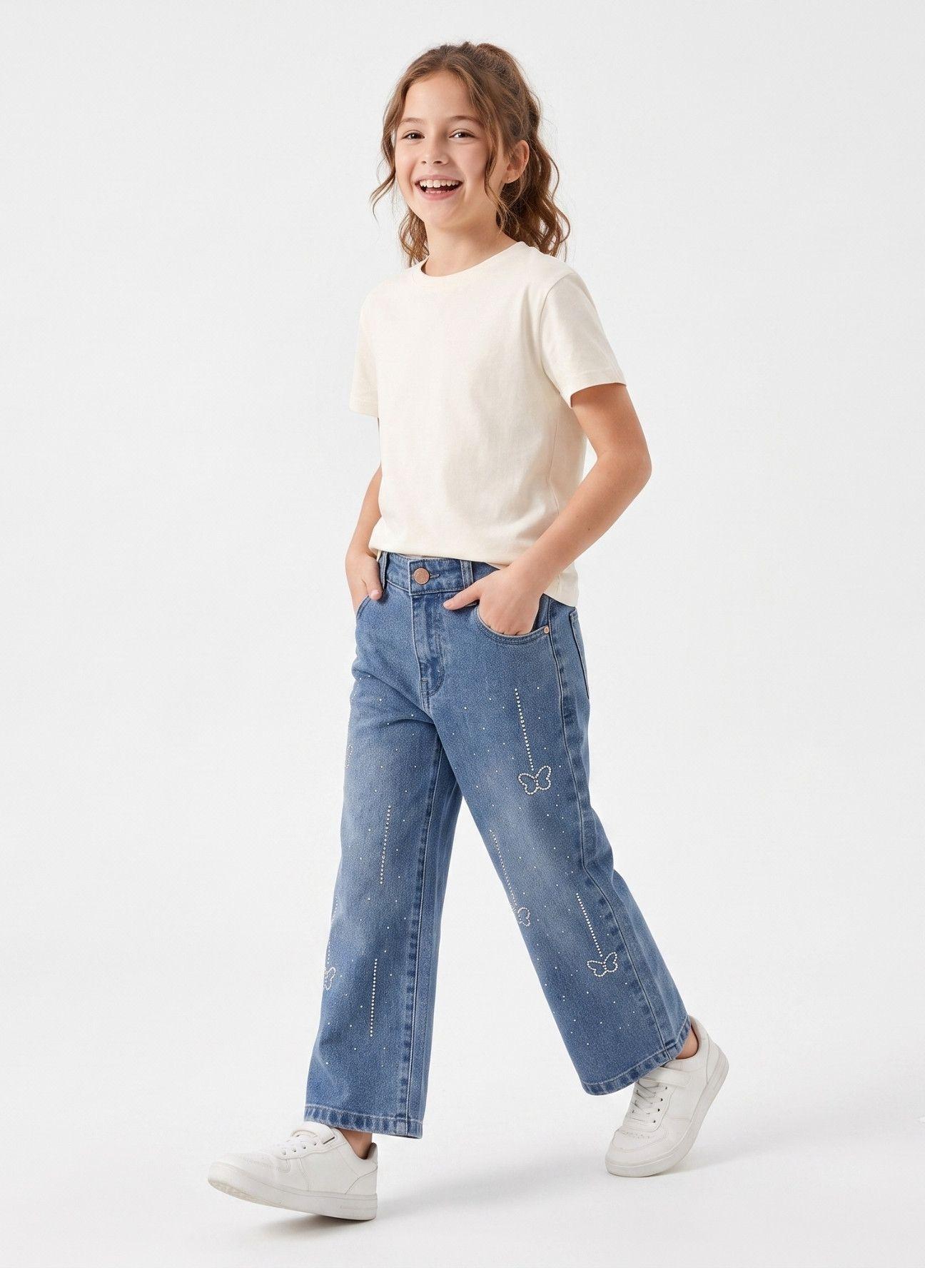 Jeans Wide Leg Con Brillos Mariposas Strass Tiro Alto-0