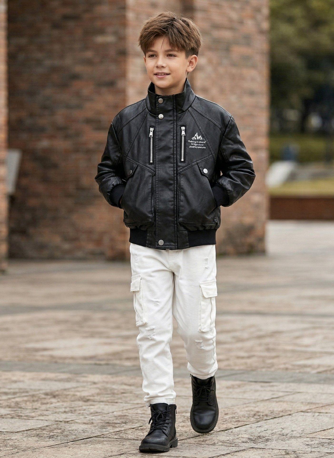 Chaqueta Ecocuero Ni o Estilo Aviador Biker Invierno Negra-4