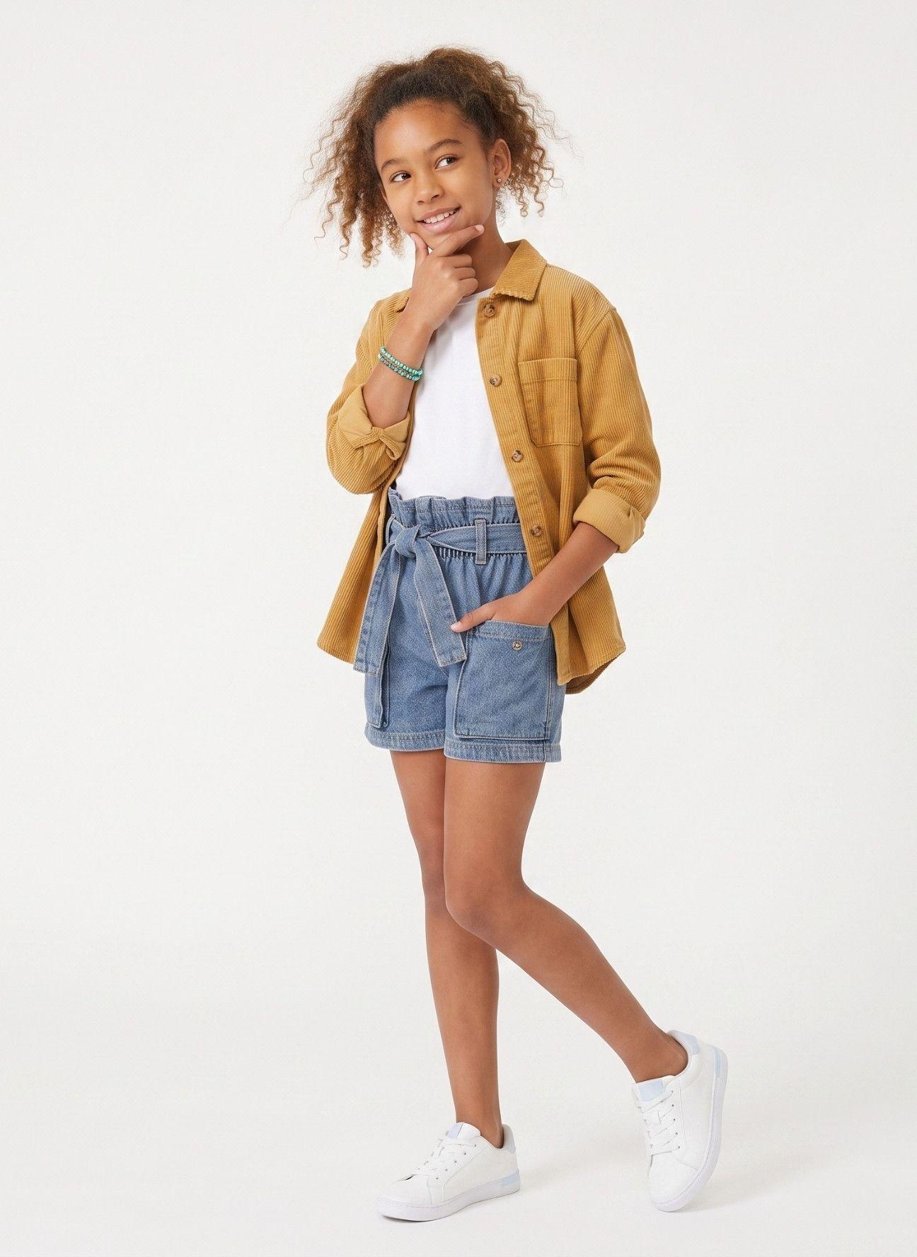 Short Jeans Ni a Paperbag Cintura Elasticada Denim Con Lazo-1