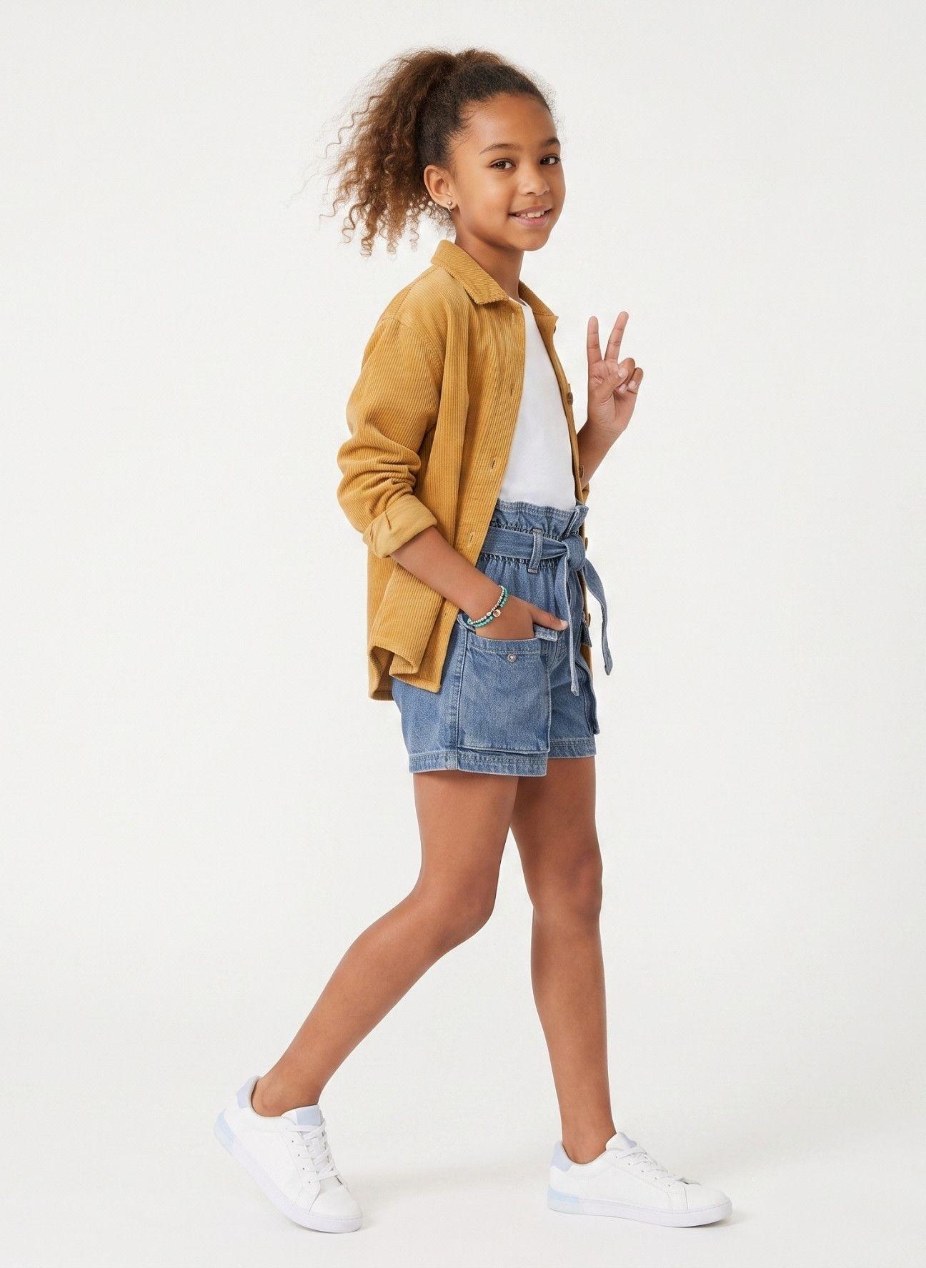 Short Jeans Ni a Paperbag Cintura Elasticada Denim Con Lazo-2