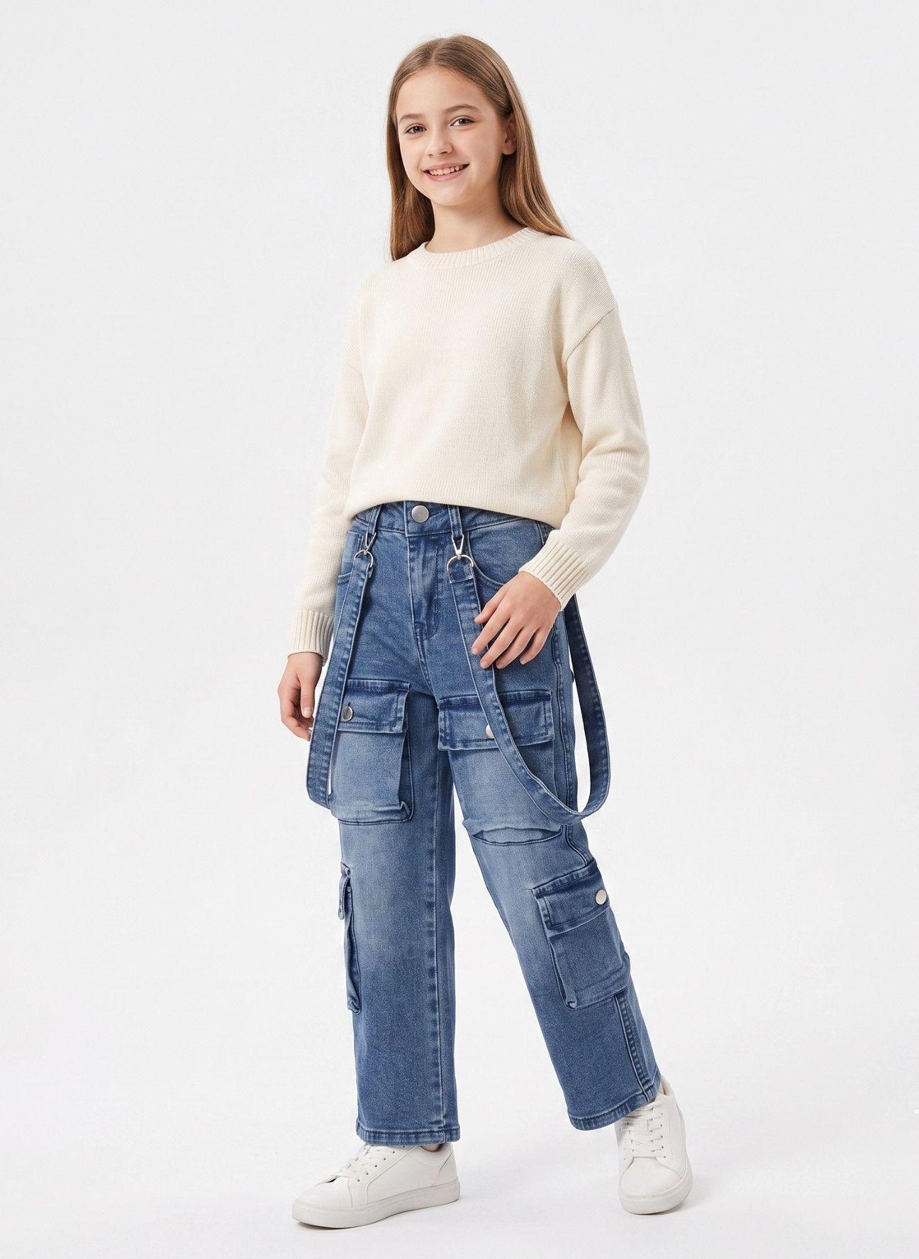 Jeans Cargo Ni a Con Tirantes Y Bolsillos Moda Urbana-0