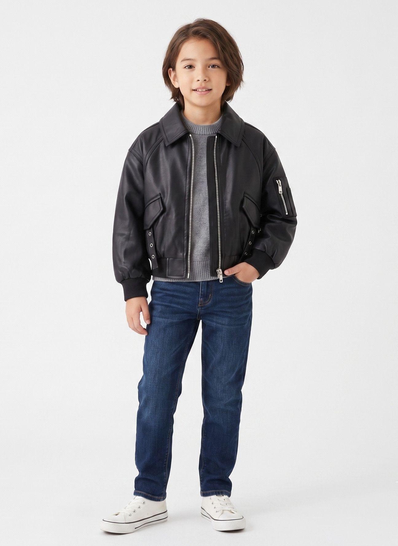 Chaqueta Ecocuero Nino Estilo Aviador Biker Invierno-0