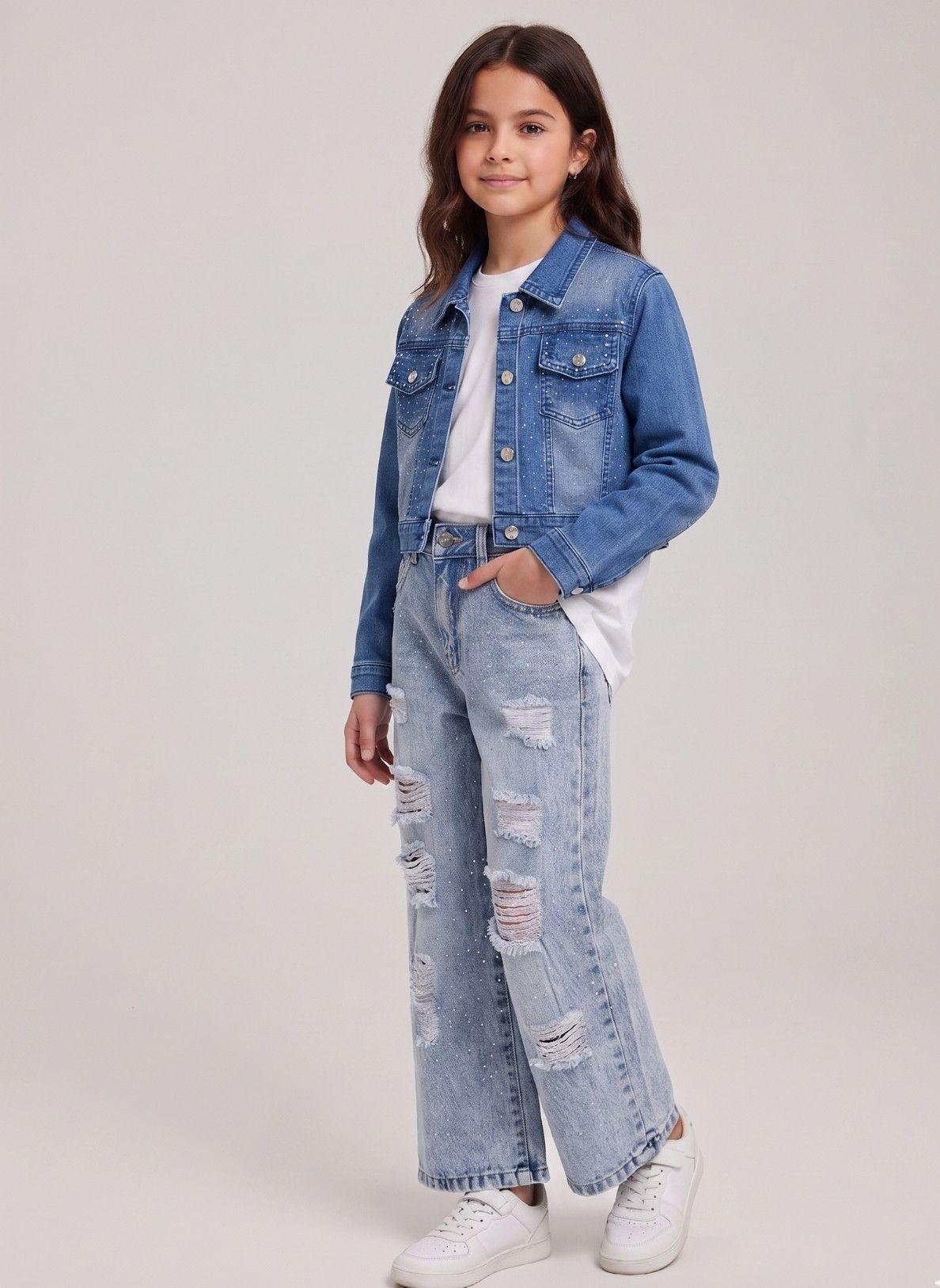 Chaqueta Jeans Con Brillo Ni a Mezclilla Strass Corta-0