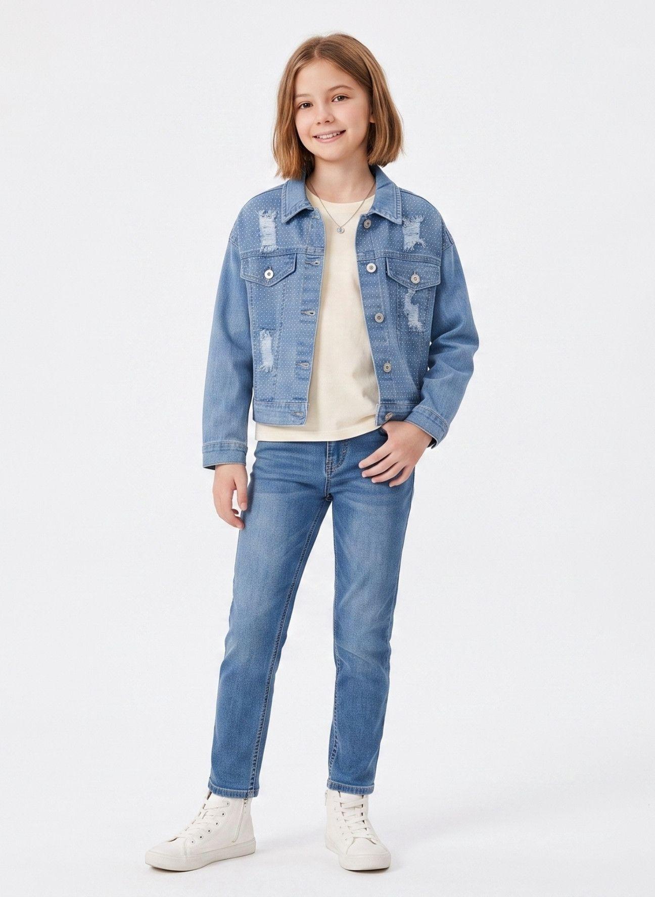 Chaqueta De Mezclilla Ni a Con Brillos Y Rasgados Denim-0