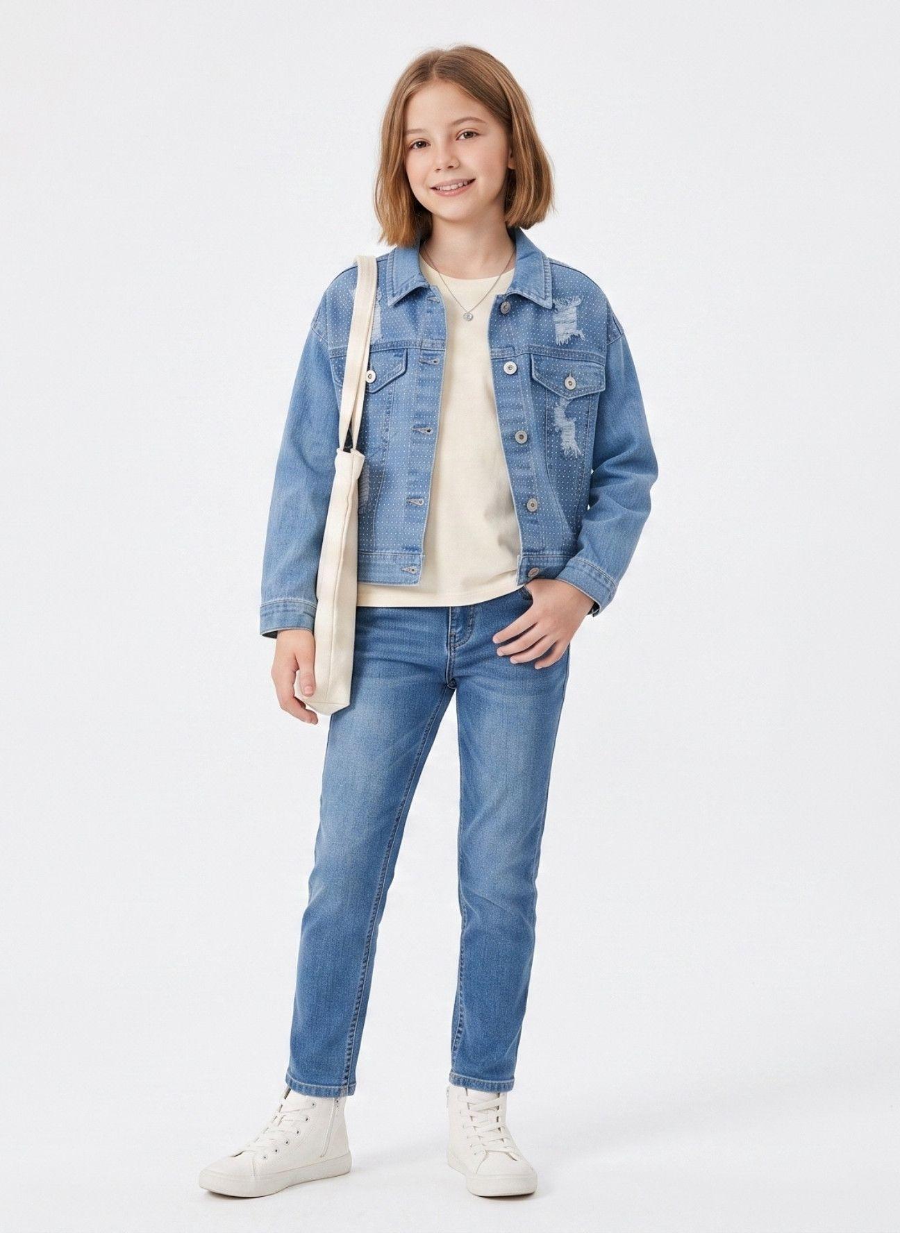 Chaqueta De Mezclilla Ni a Con Brillos Y Rasgados Denim-4