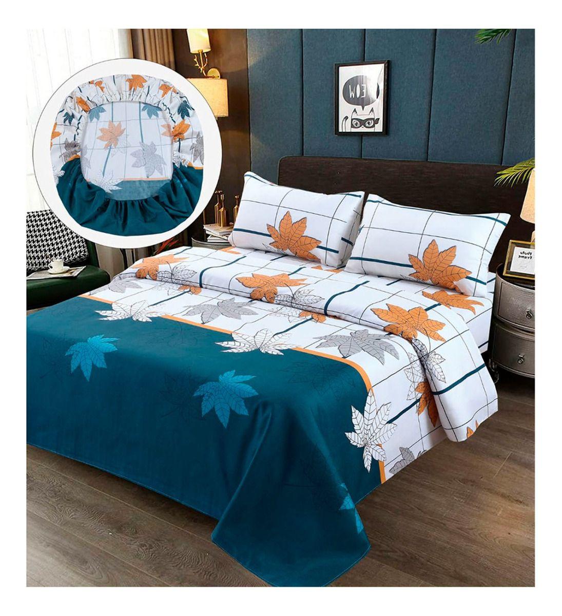 Sabanas Premium Algodón 2.0 Plazas 200 hilos - Azul rey Hojas-0