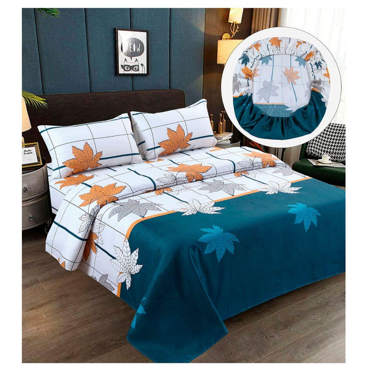 Sabanas Premium Algodón 2.0 Plazas 200 hilos - Azul rey Hojas-1