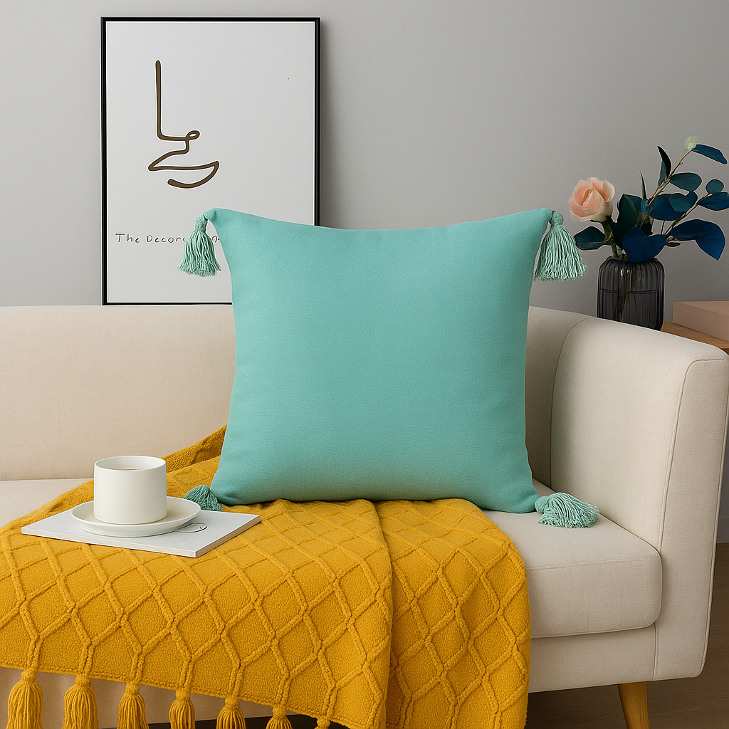 Funda Cojín Turquesa | 45x45 cm con Borlas Decorativas - 615-2