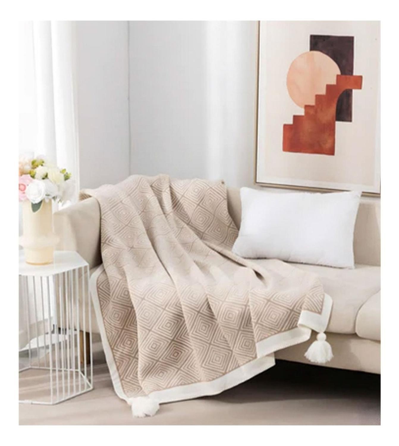 Manta De Lanilla Rombo Con Detalle Borla 130x150 Beige-1