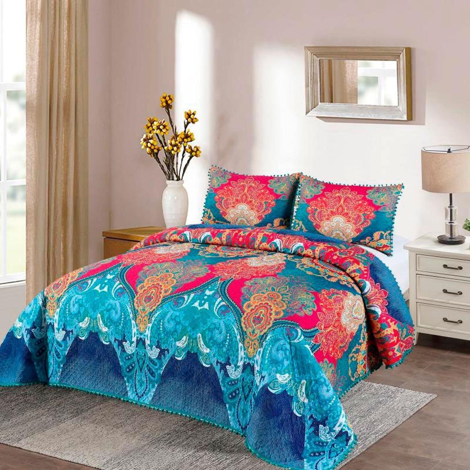 Cubrecama Quilt 2 Plazas Diseño Mandala Indu Con Pompones-0