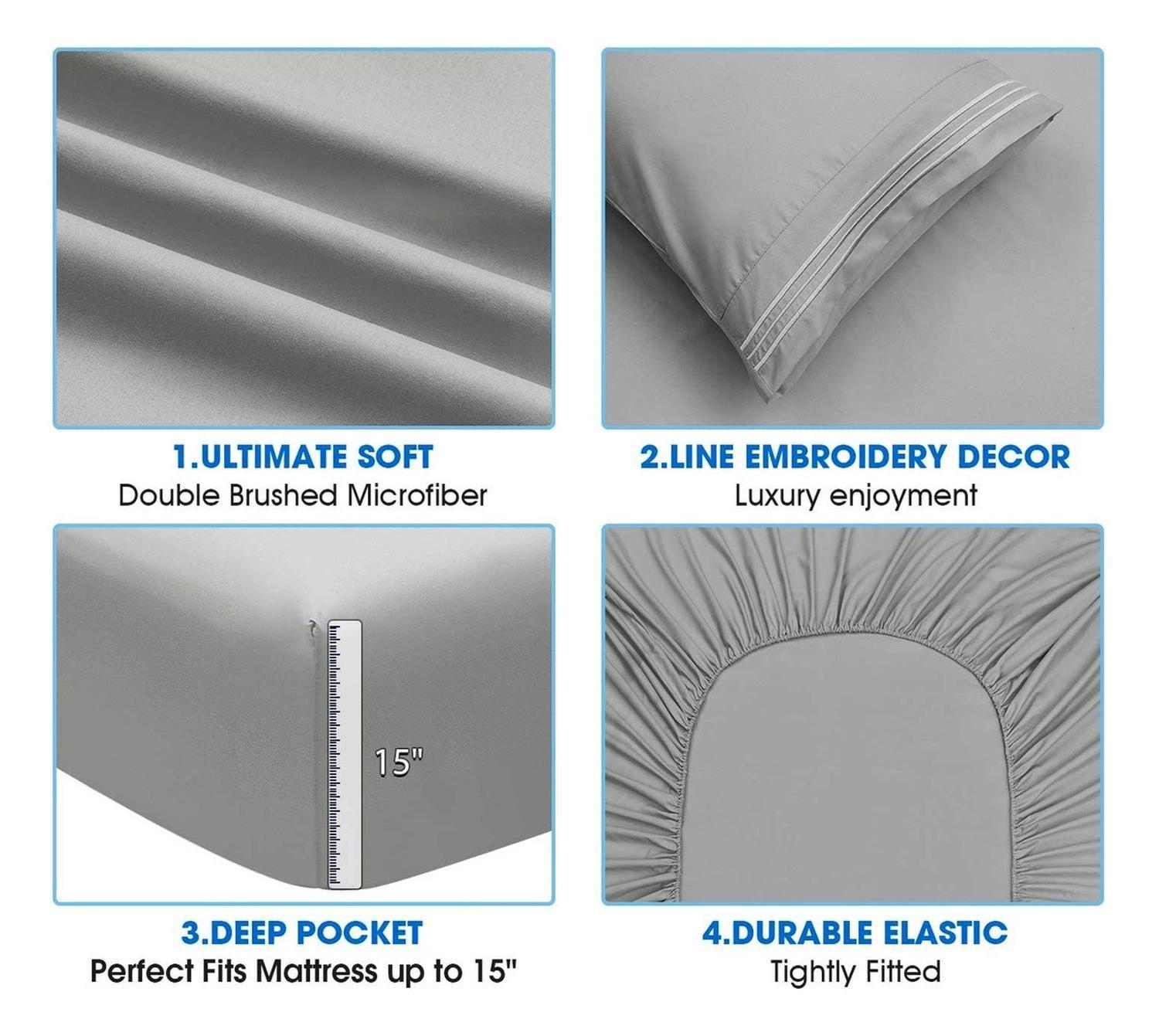 Juego De Sábanas Premium 2 Plazas Bordadas Lisas - Gris-2