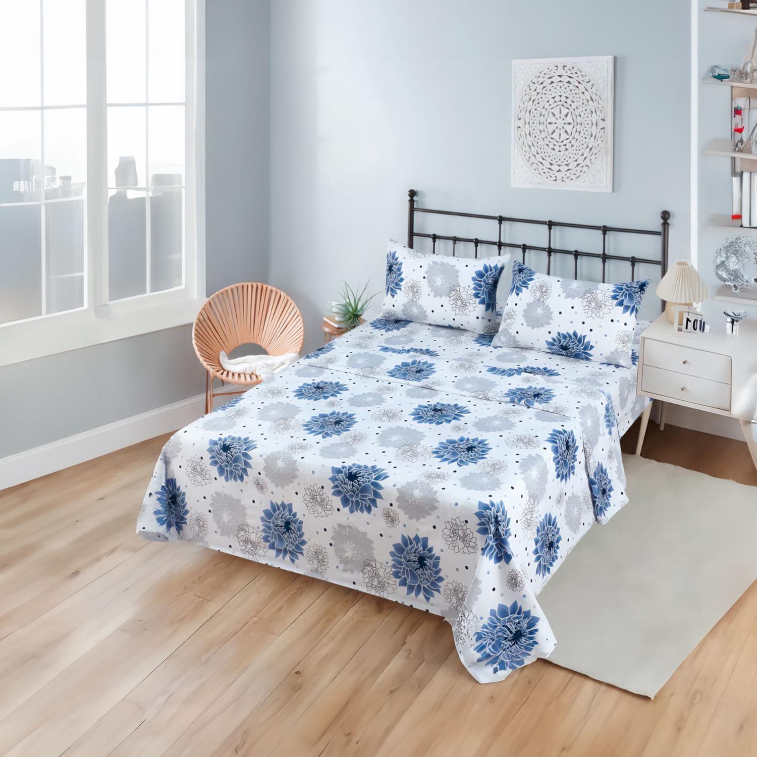 JUEGO DE SABANAS 1.5 ALGODON 200 HILOS FLORES AZUL 596-1