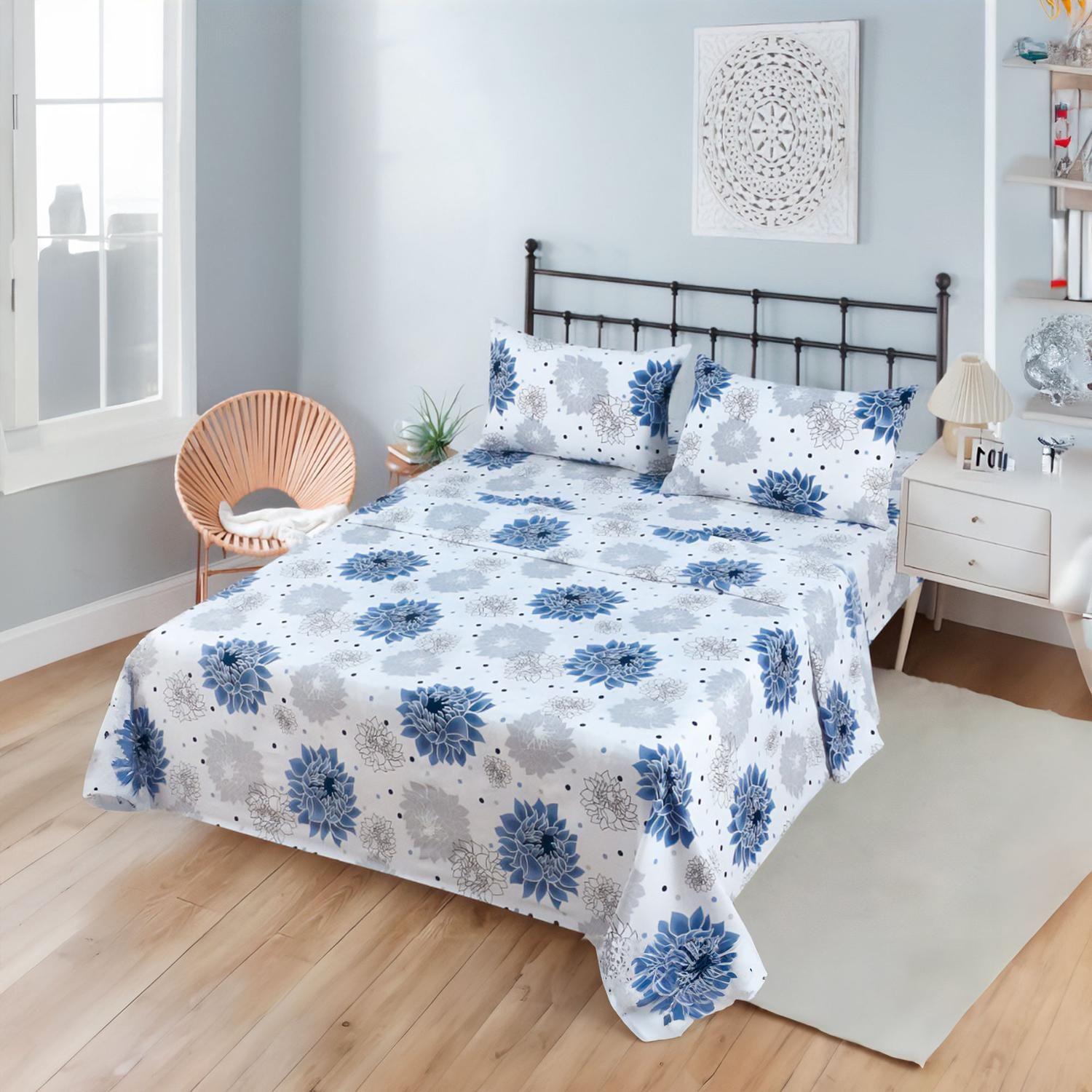 JUEGO DE SABANAS 1.5 ALGODON 200 HILOS FLORES AZUL 596-2