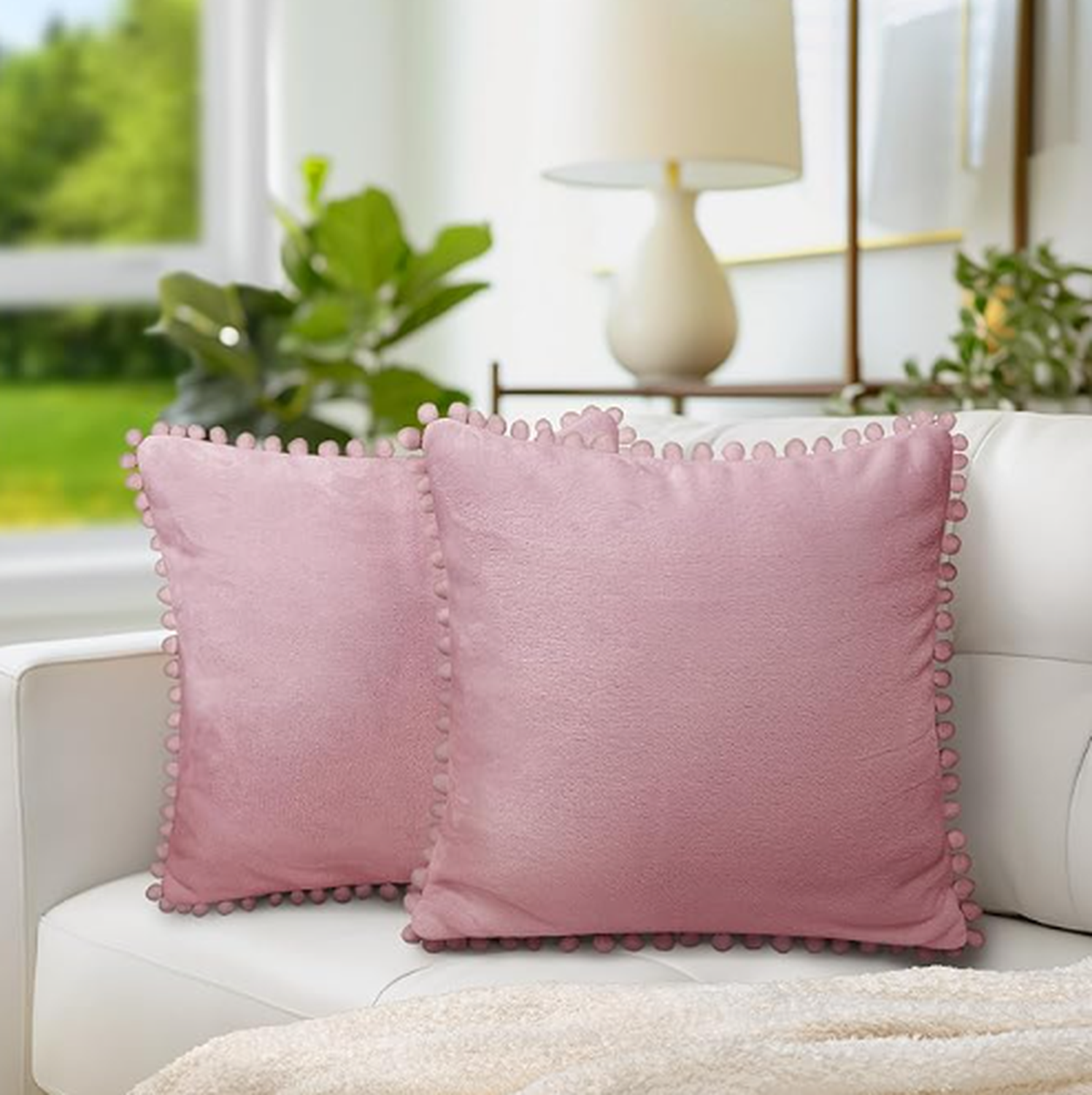 Funda Terciopelo Para Cojin Pompon Decorativas 45x45-1
